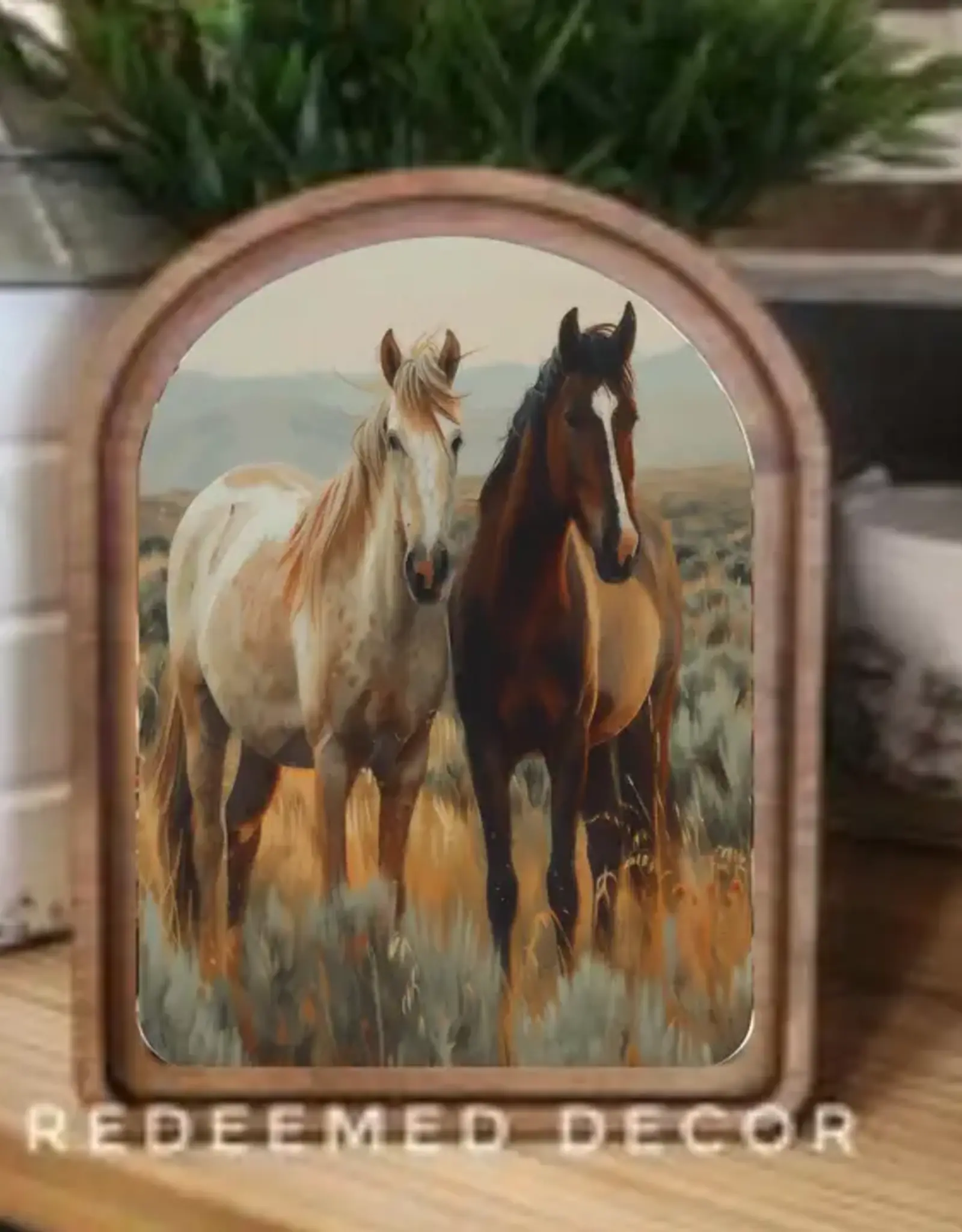 Redeemed Decor Arch Top Framed Art, Two Horses