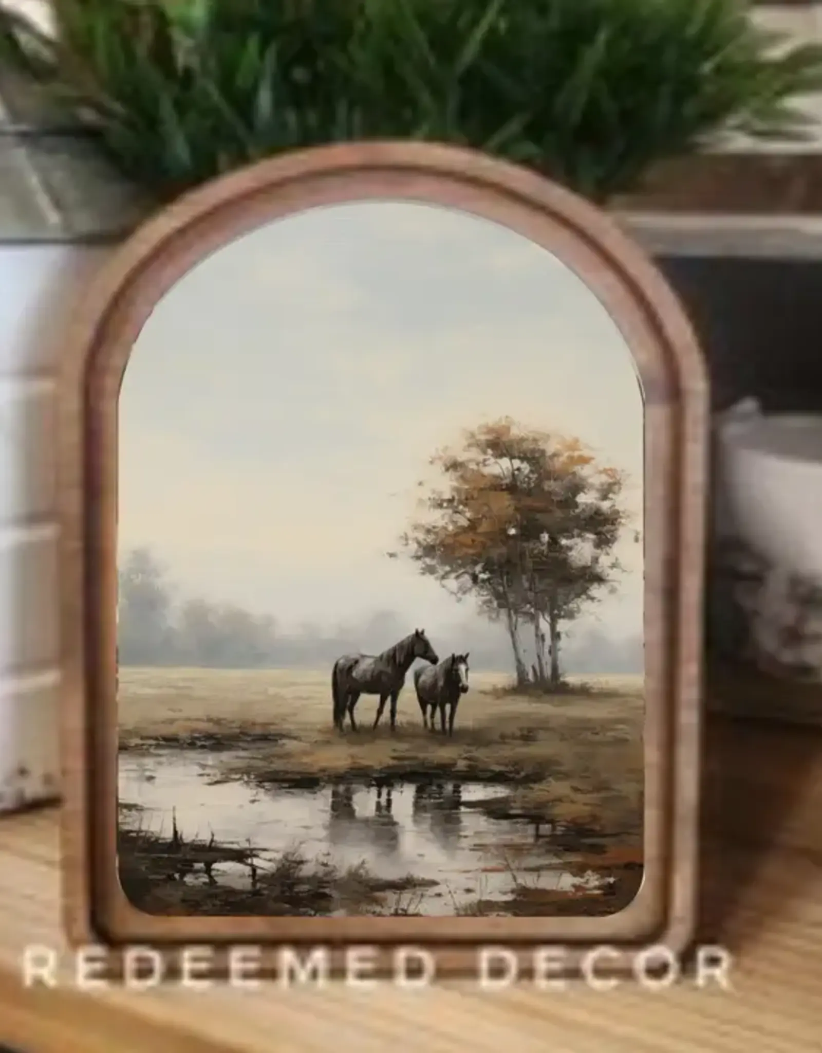 Redeemed Decor Arch Top Framed Art, Pasture Horses
