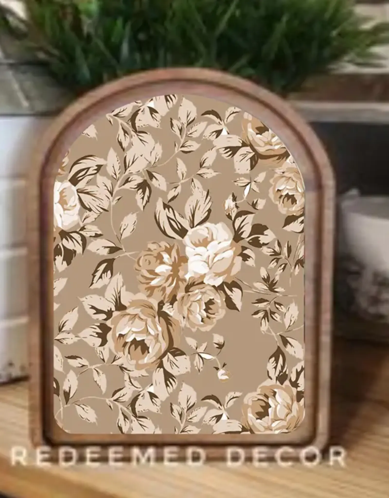 Redeemed Decor Arch Top Framed Art, Taupe Rose Pattern 8x11"