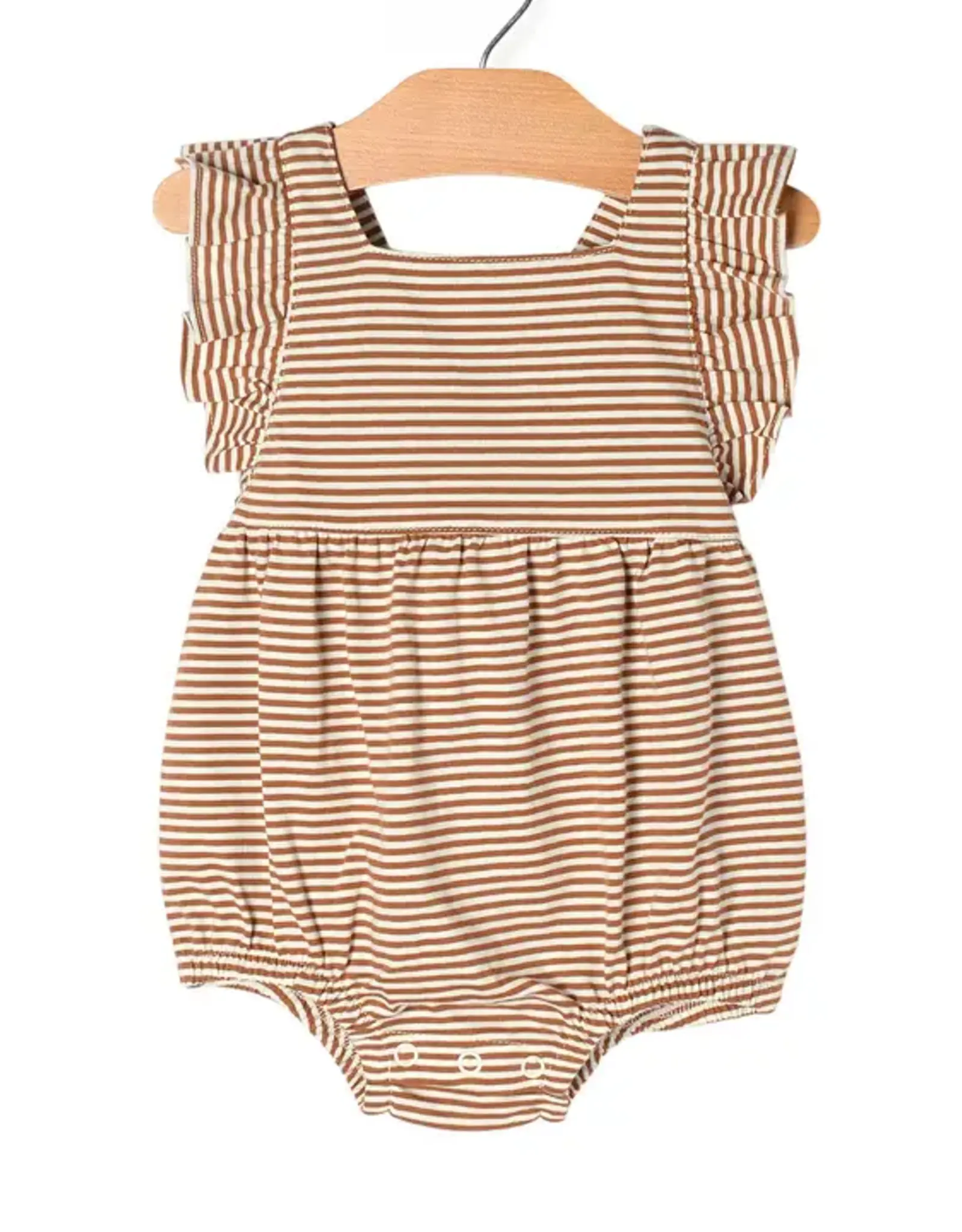 City Mouse Studio Overall Flutter Romper, Toffee Stripe