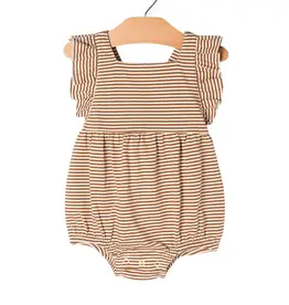 City Mouse Studio Overall Flutter Romper, Toffee Stripe