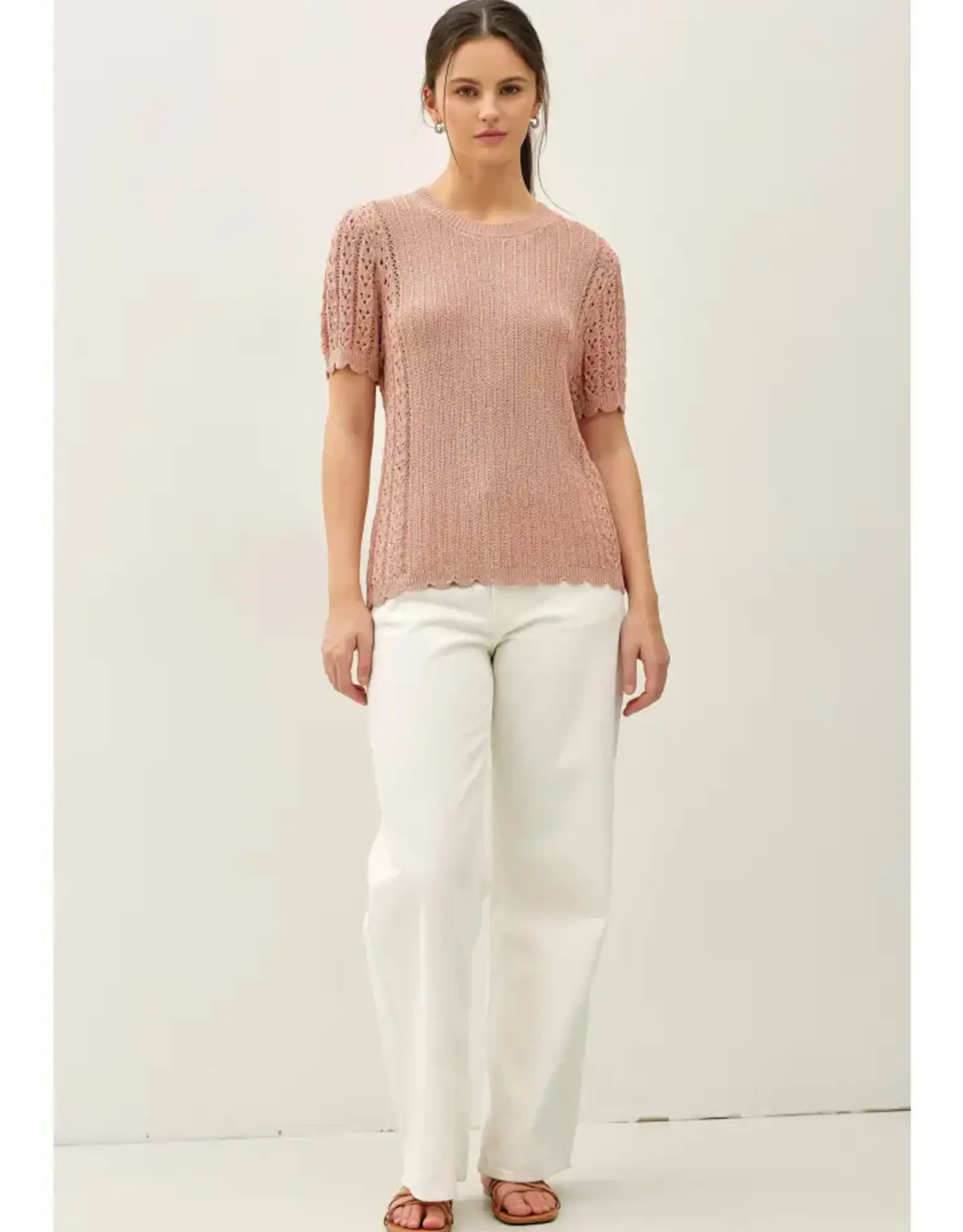Pointelle Scalloped Short Sleeve Top