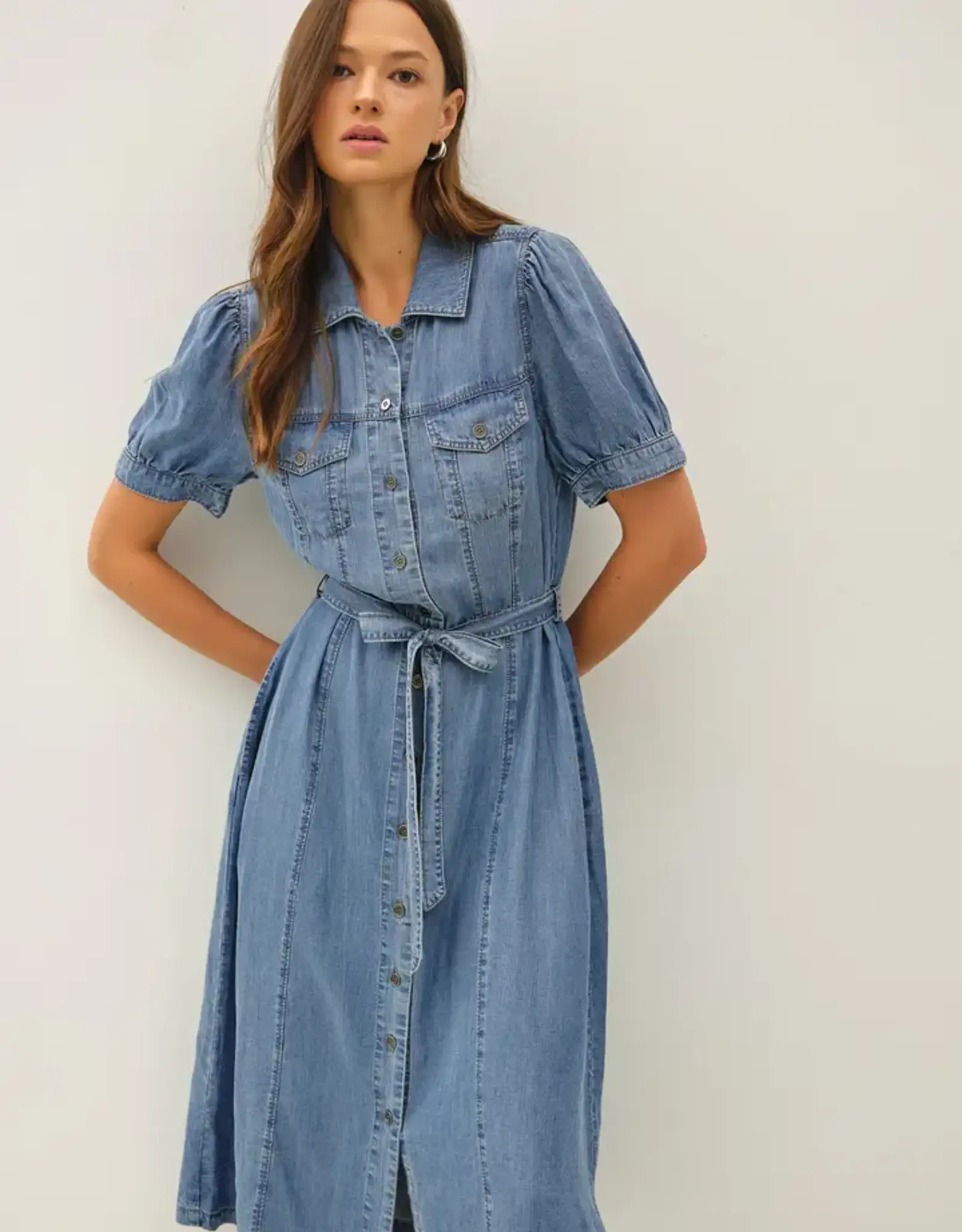 Puff Sleeve Denim Midi Dress