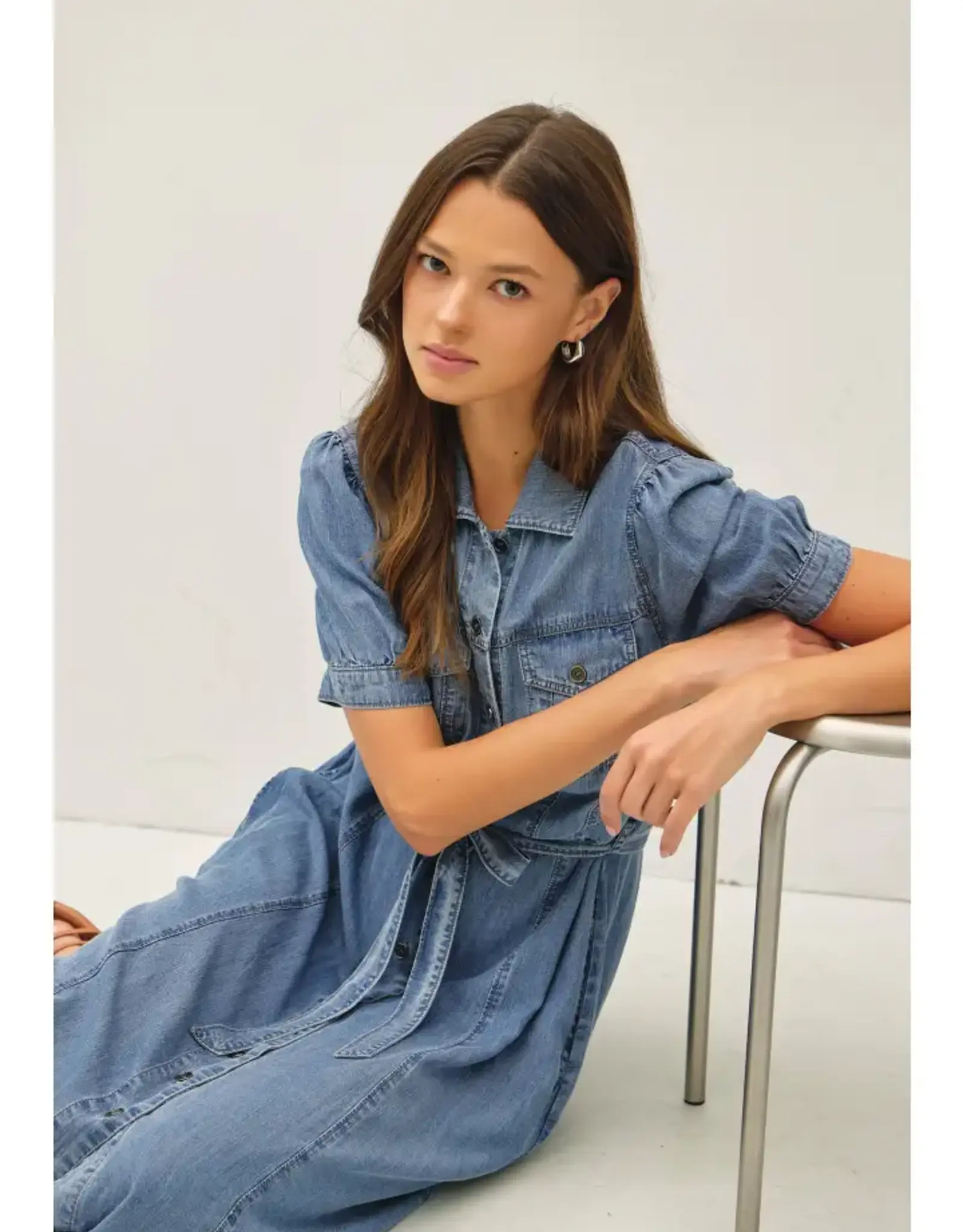 Puff Sleeve Denim Midi Dress