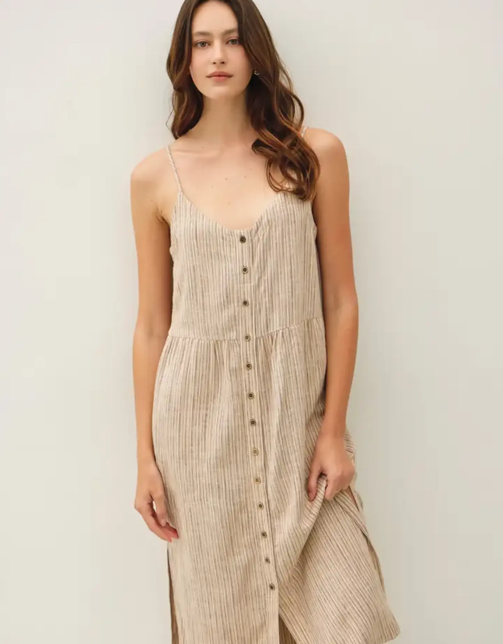 Striped Linen Blend Button Up Dress