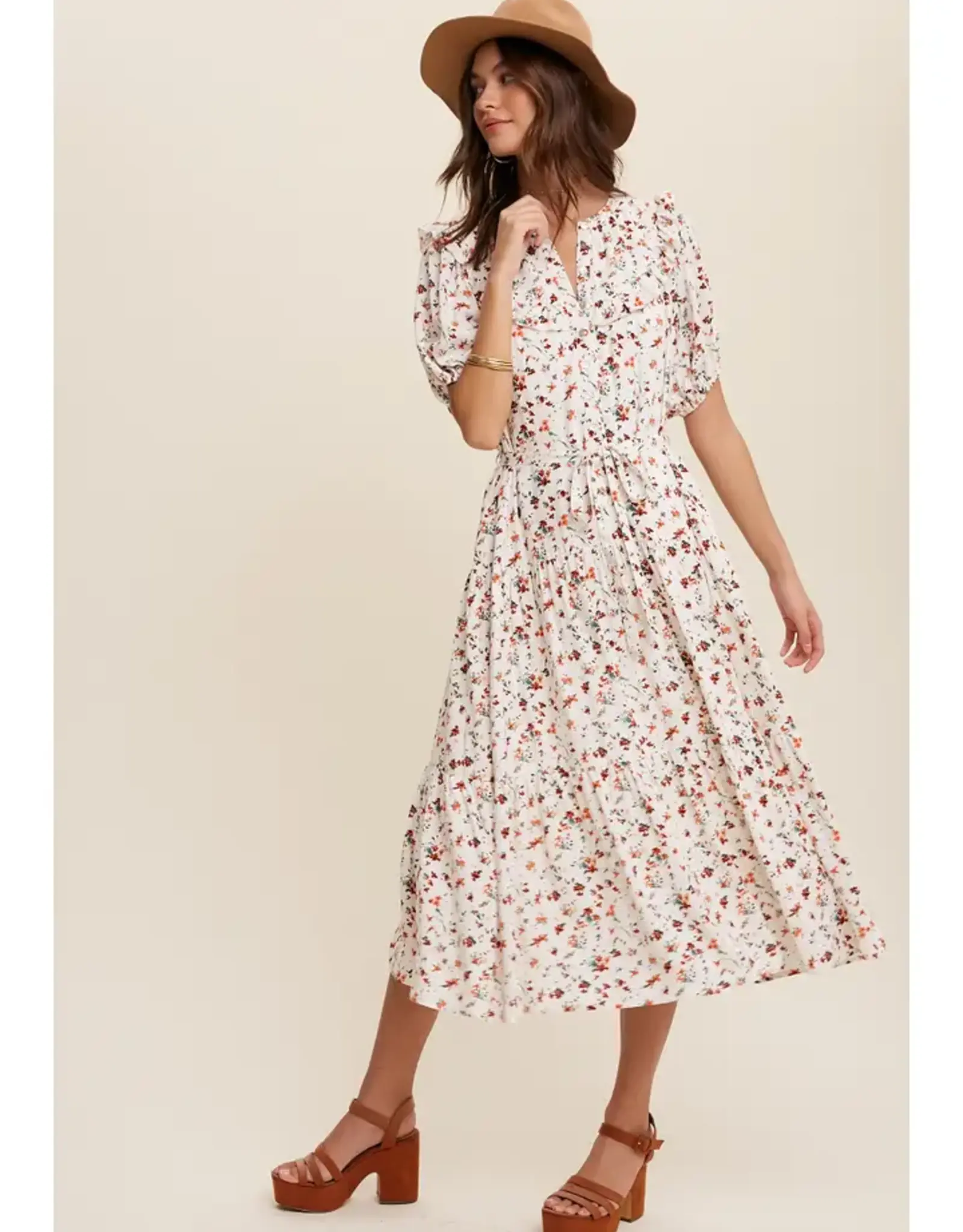 Listicle Floral Ruffle Collar Midi Dress