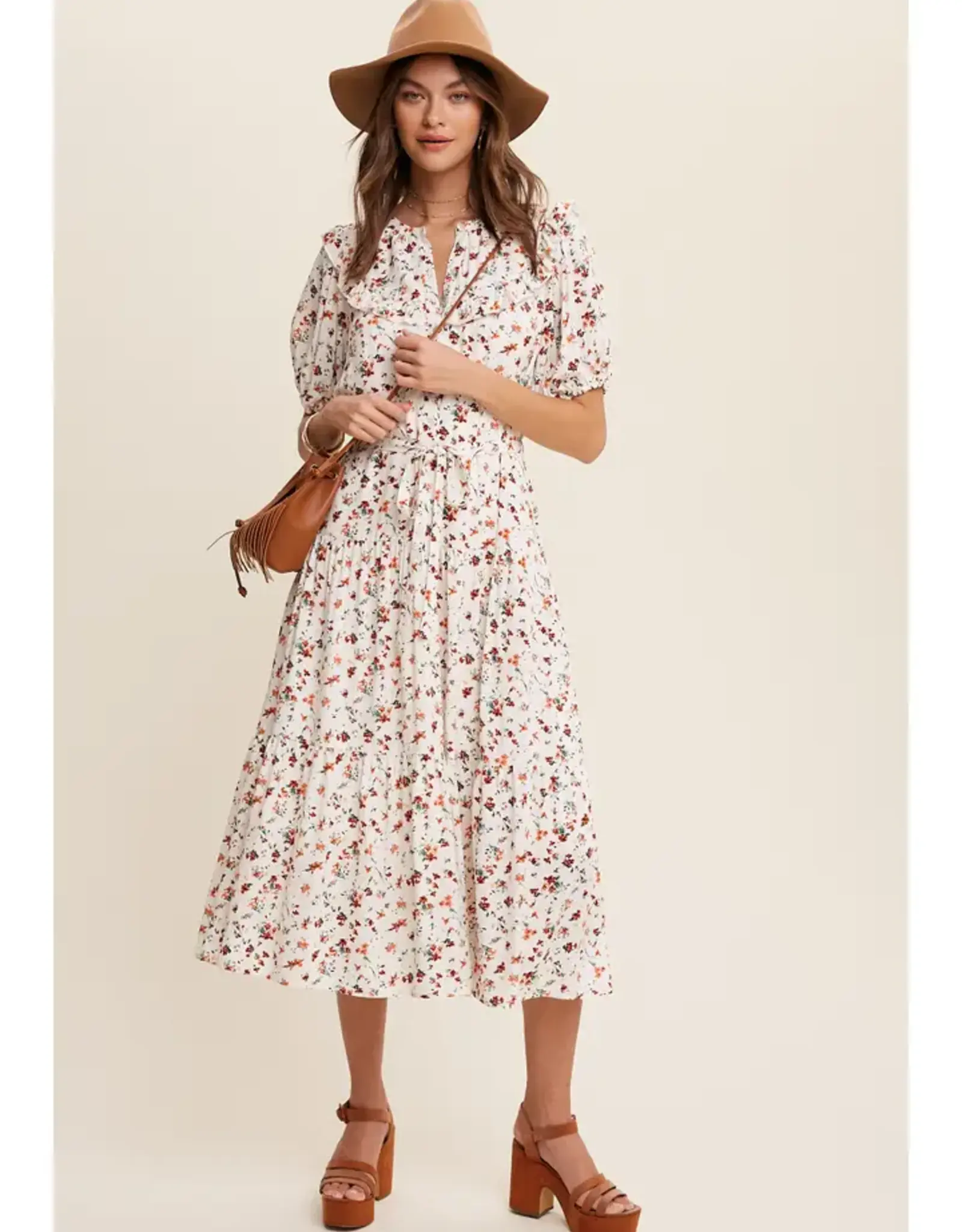 Listicle Floral Ruffle Collar Midi Dress