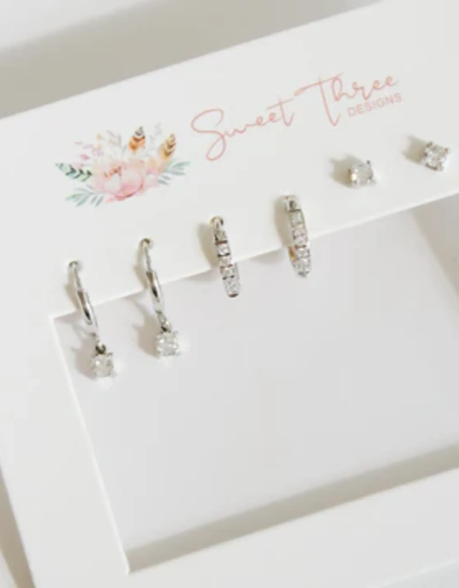 Sweet Three Designs Regal Triple Earring Set, Silver