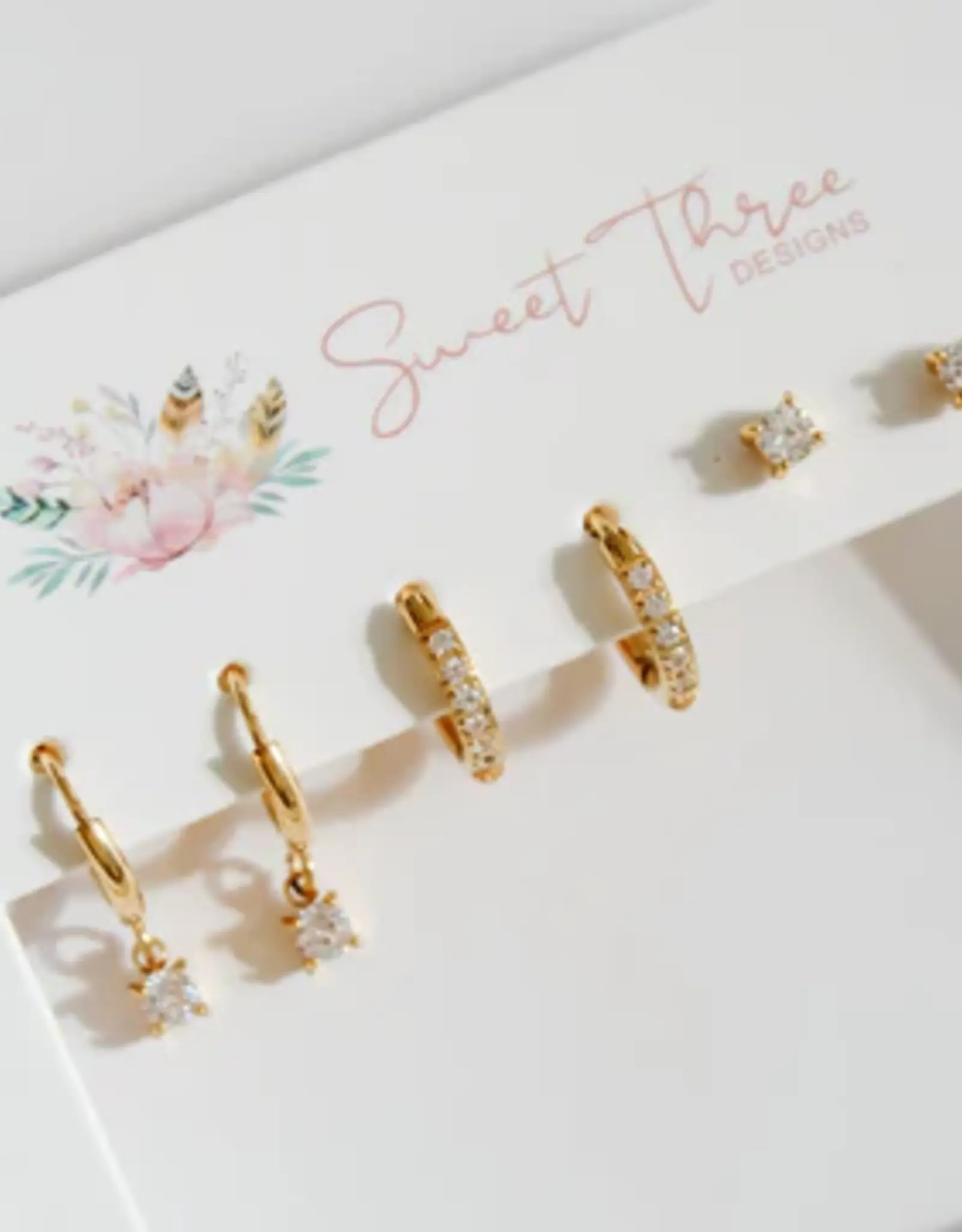Sweet Three Designs Regal Triple Earring Set, Gold