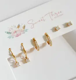 Sweet Three Designs Regal Triple Earring Set, Gold