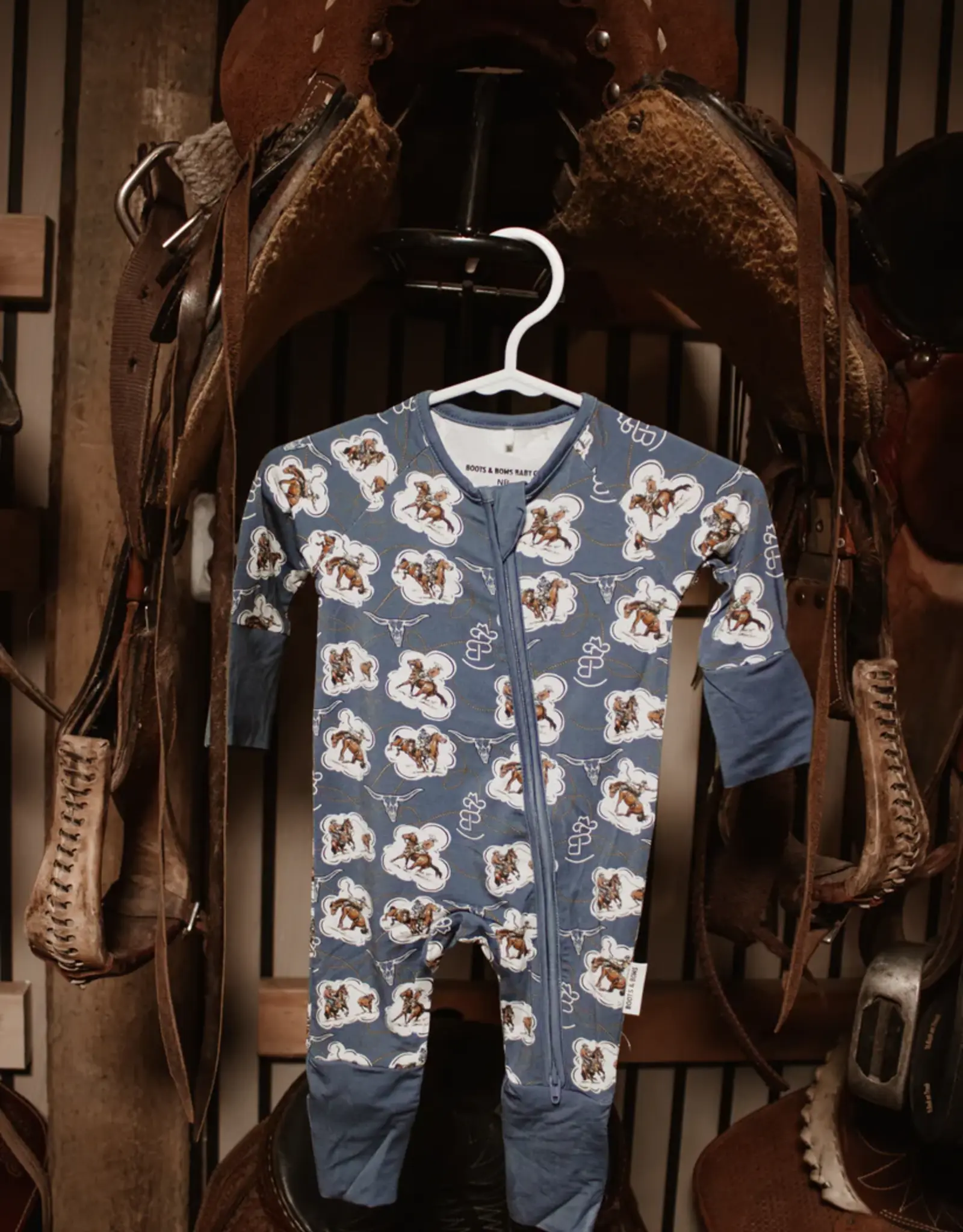 Boots & Bows Baby Co Denim Roped & Branded Infant Sleeper