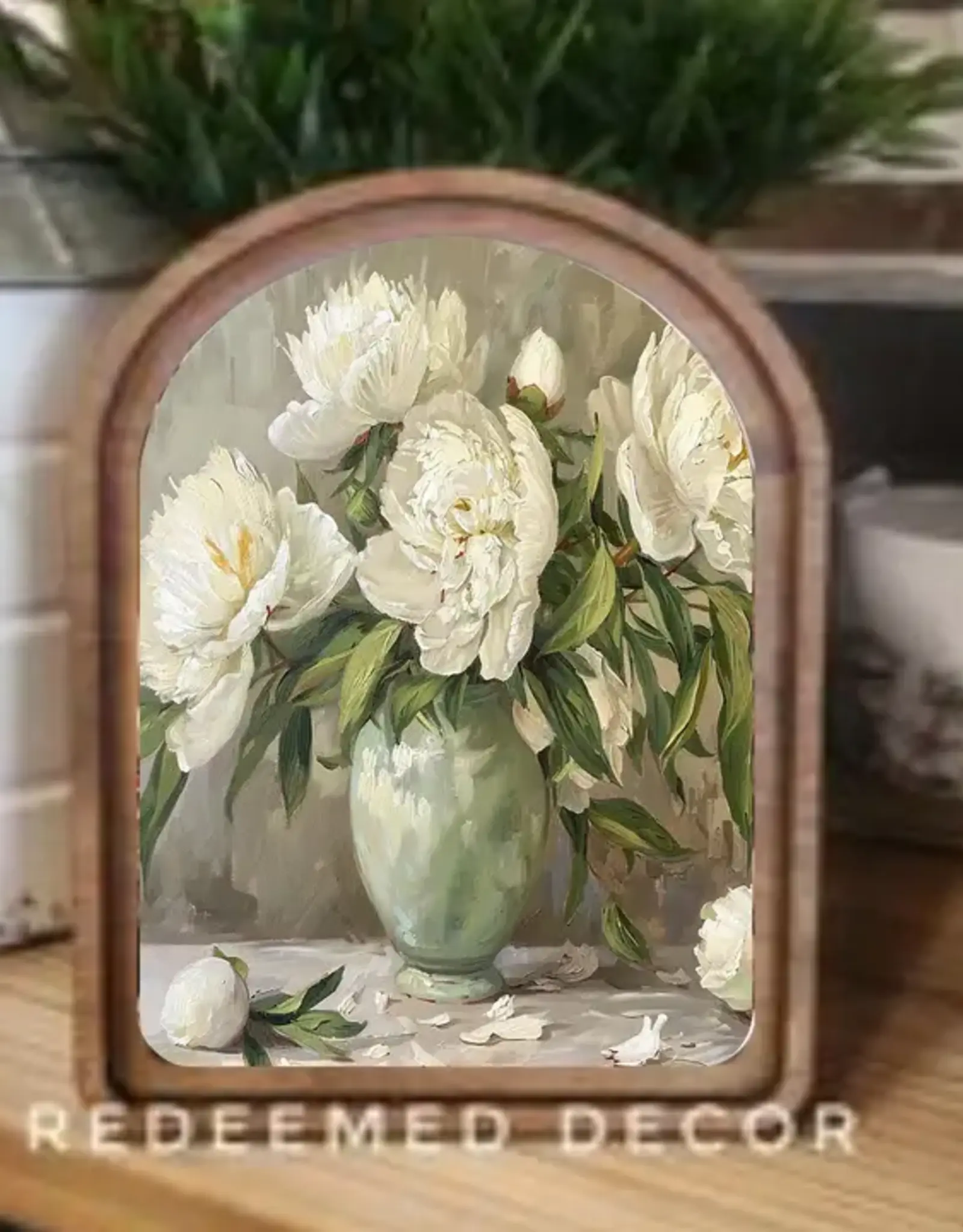 Redeemed Decor Arch Top Framed Art, Muted Peony 8x11"