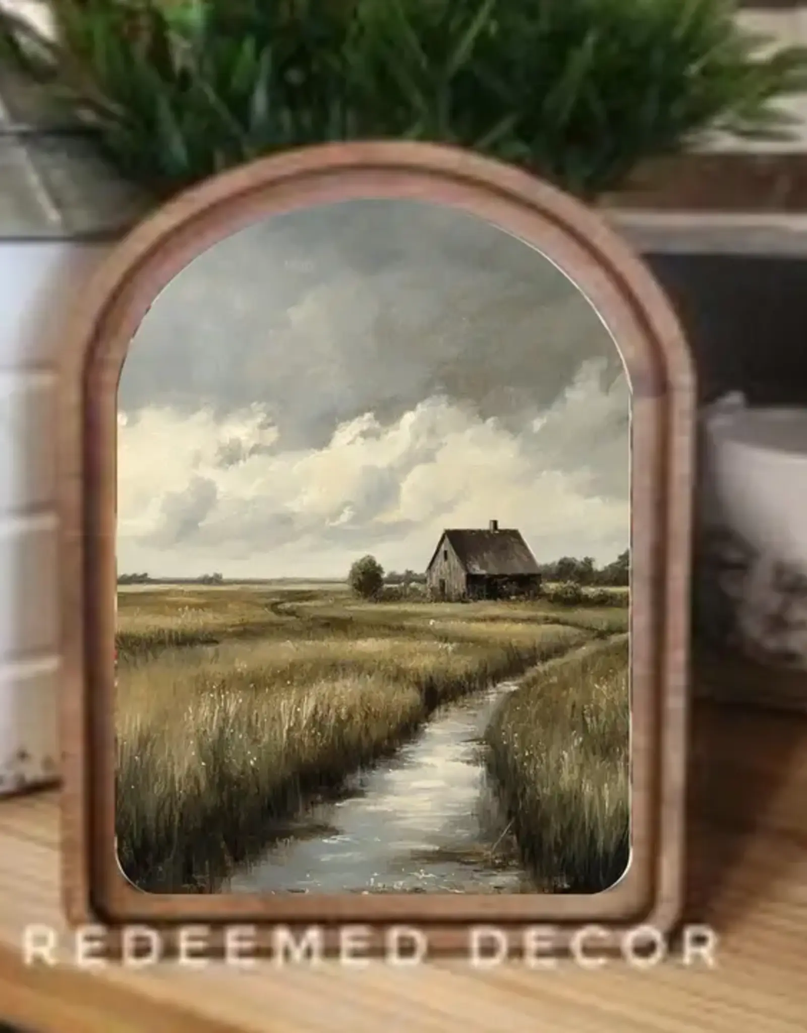 Redeemed Decor Arch Top Framed Art, Stormy Cottage
