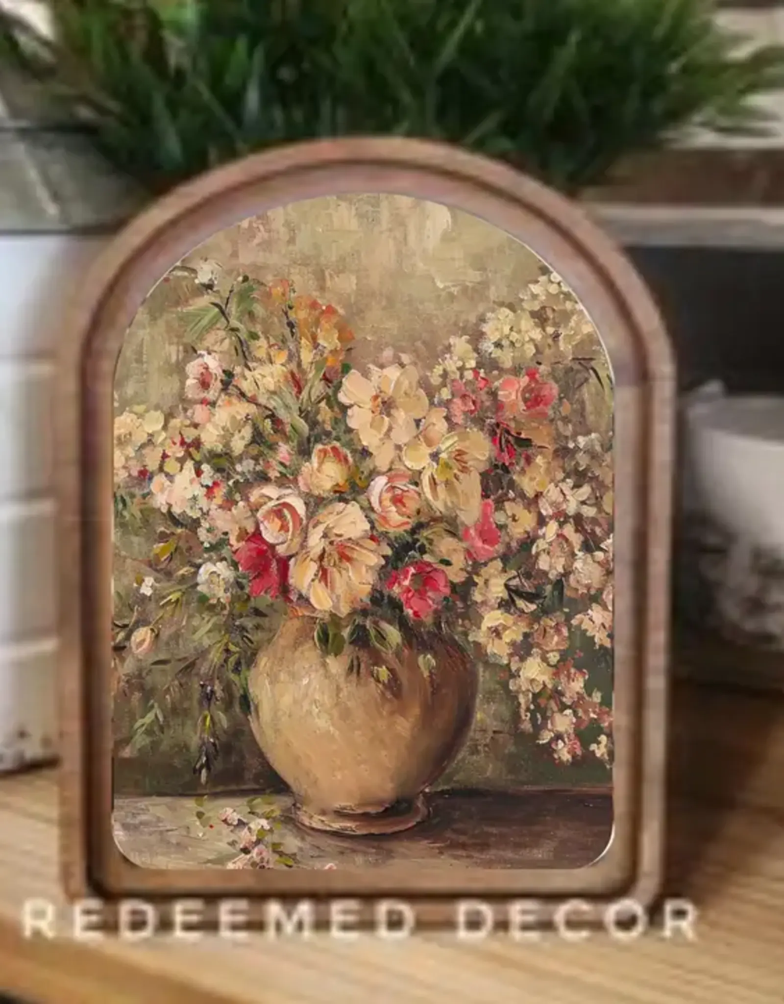 Redeemed Decor Arch Top Framed Art, Rustic Floral Vase