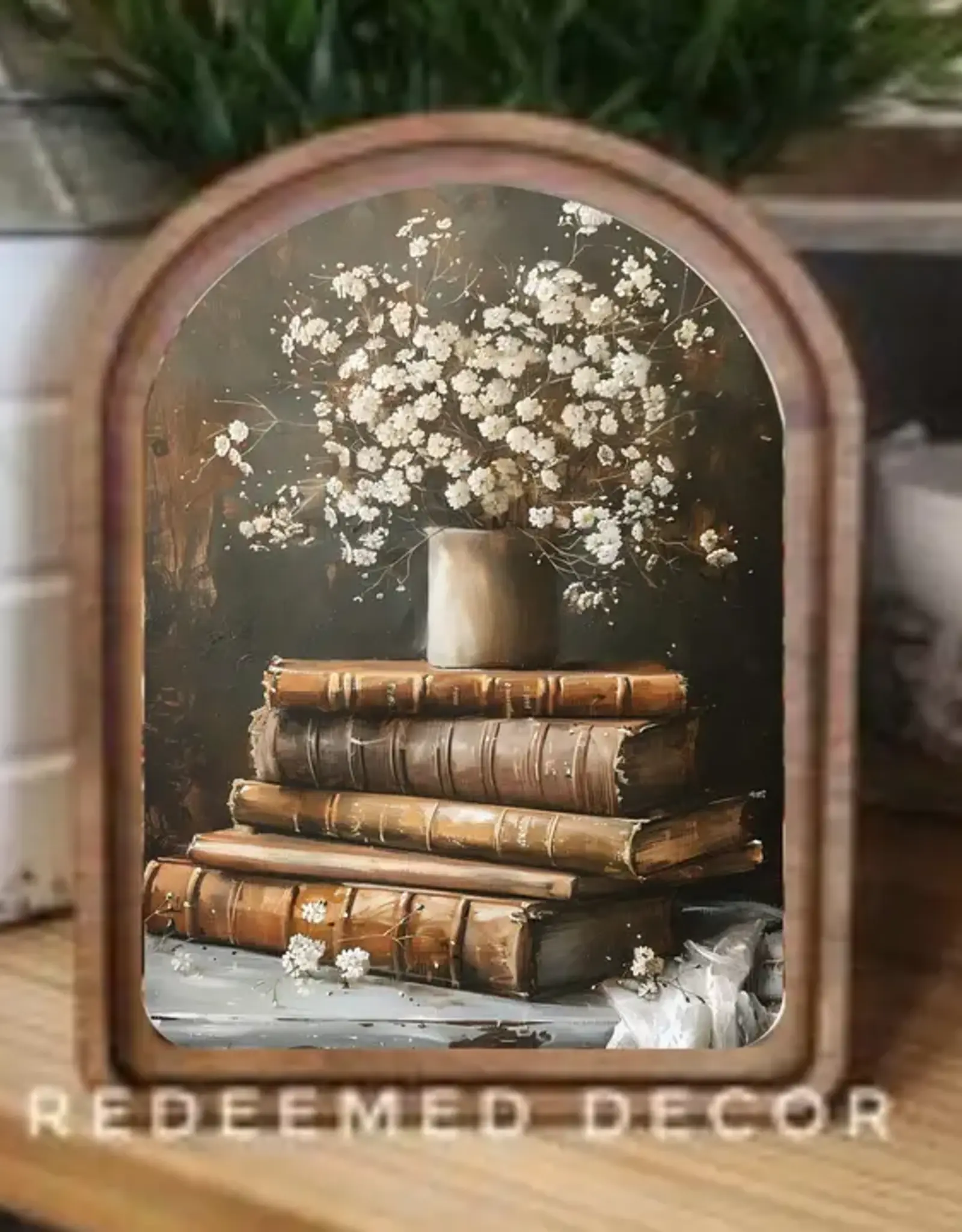 Redeemed Decor Arch Top Framed Art, Books With Flowers