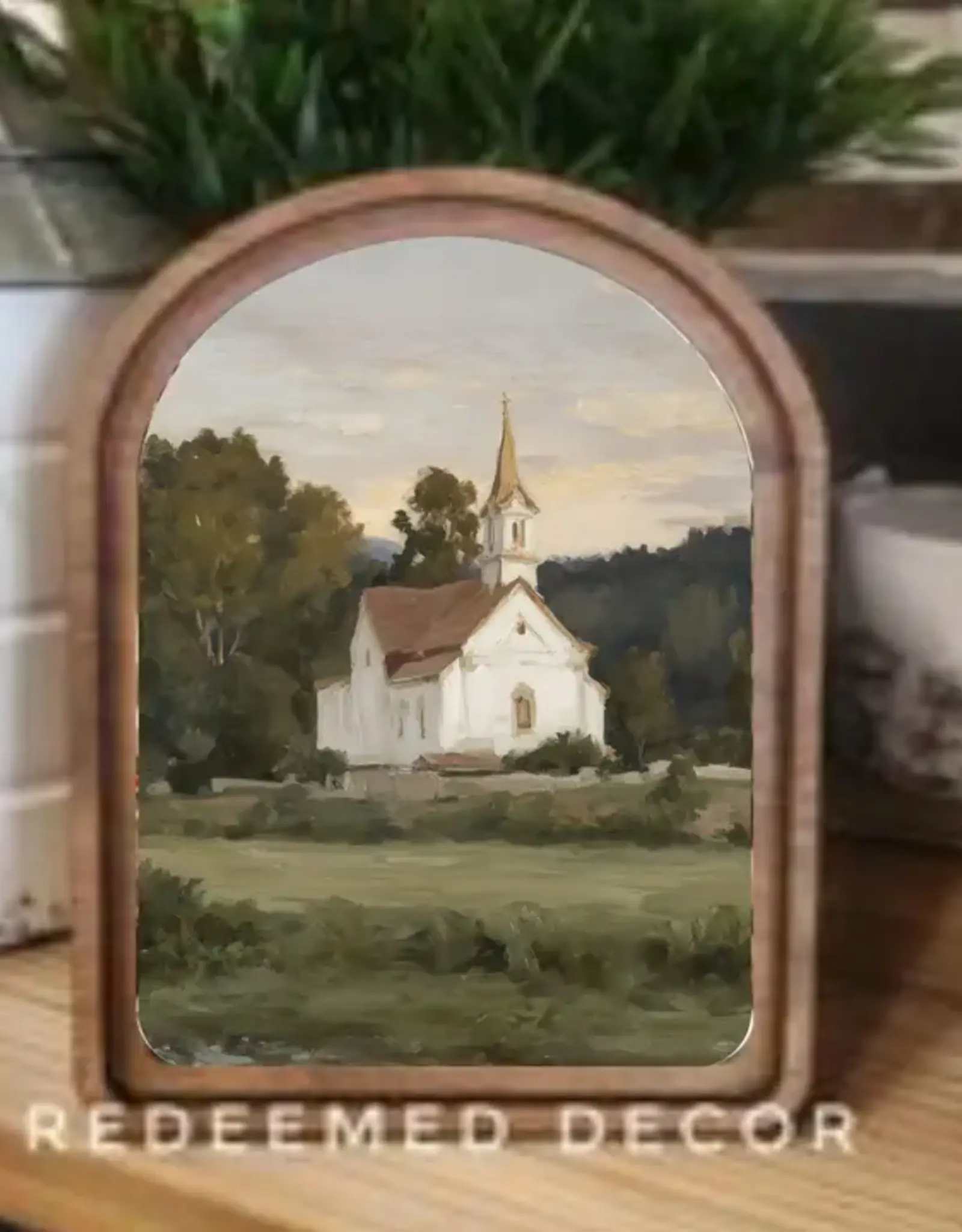 Redeemed Decor Arch Top Framed Art, White Church