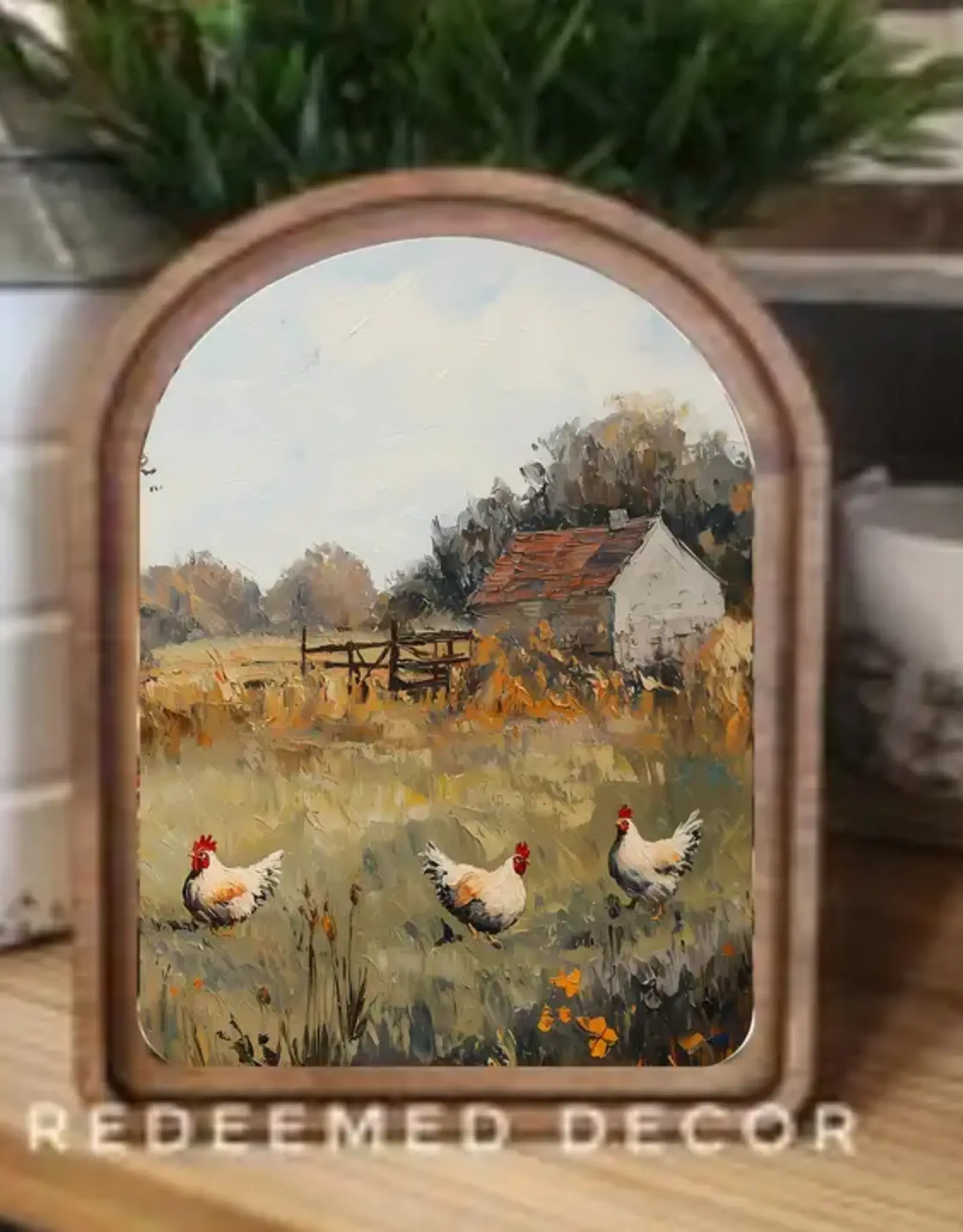 Redeemed Decor Arch Top Framed Art, Chicken Painting