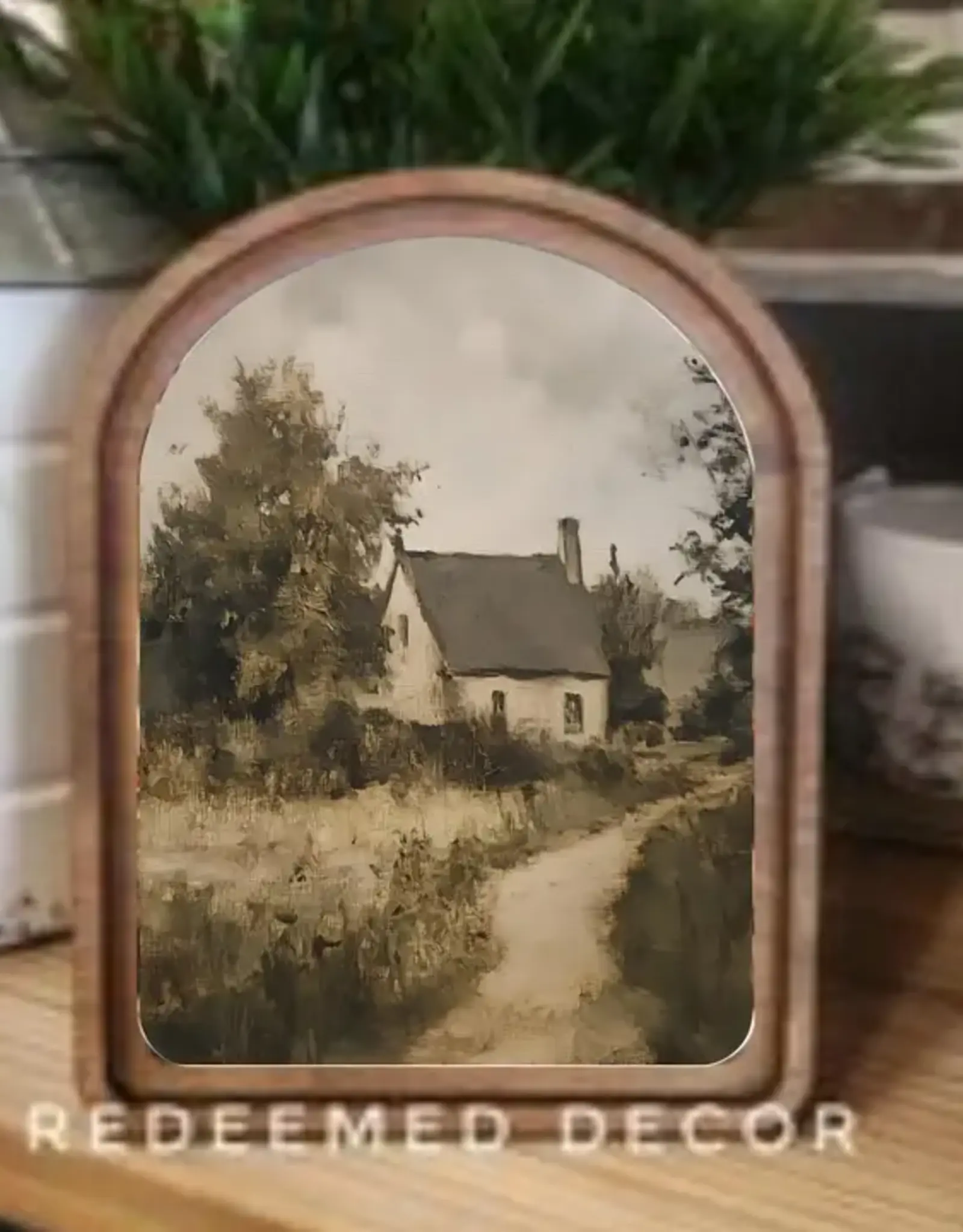 Redeemed Decor Arch Top Framed Art, Cottage Landscape