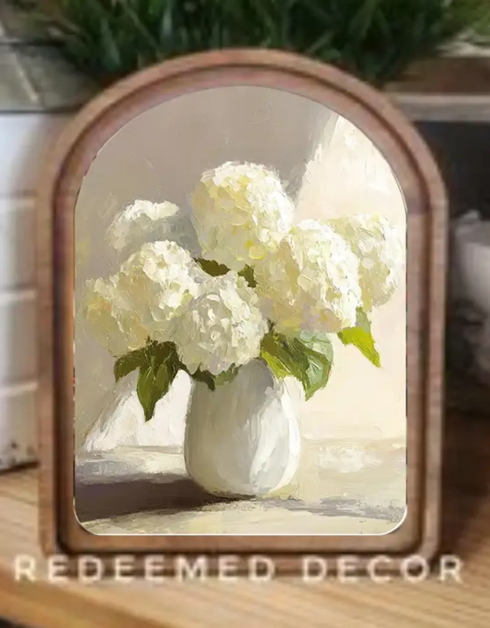 Redeemed Decor Arch Top Framed Art, Hydrangea Vase