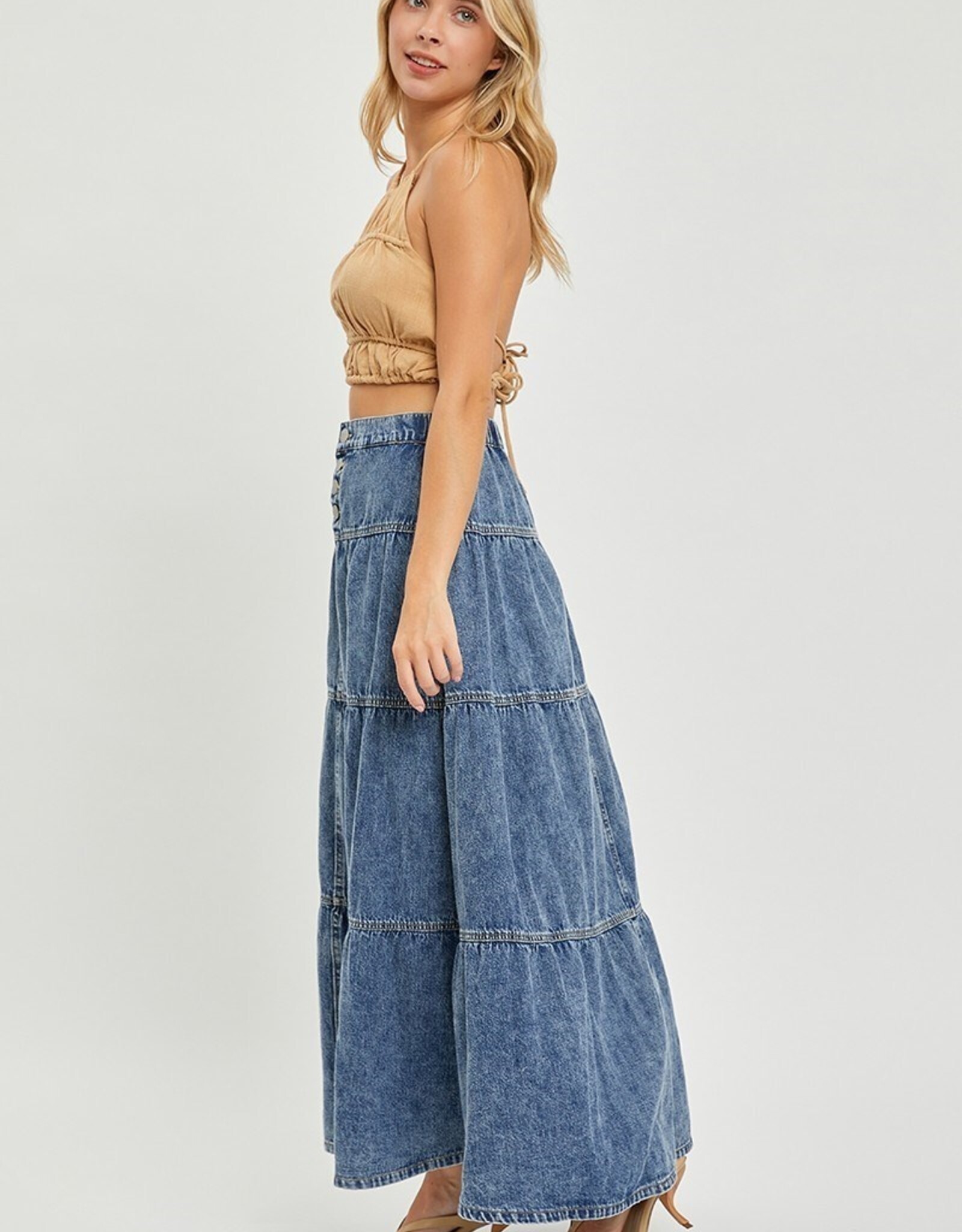 Risen Jeans High Rise Ruffle Long Skirt