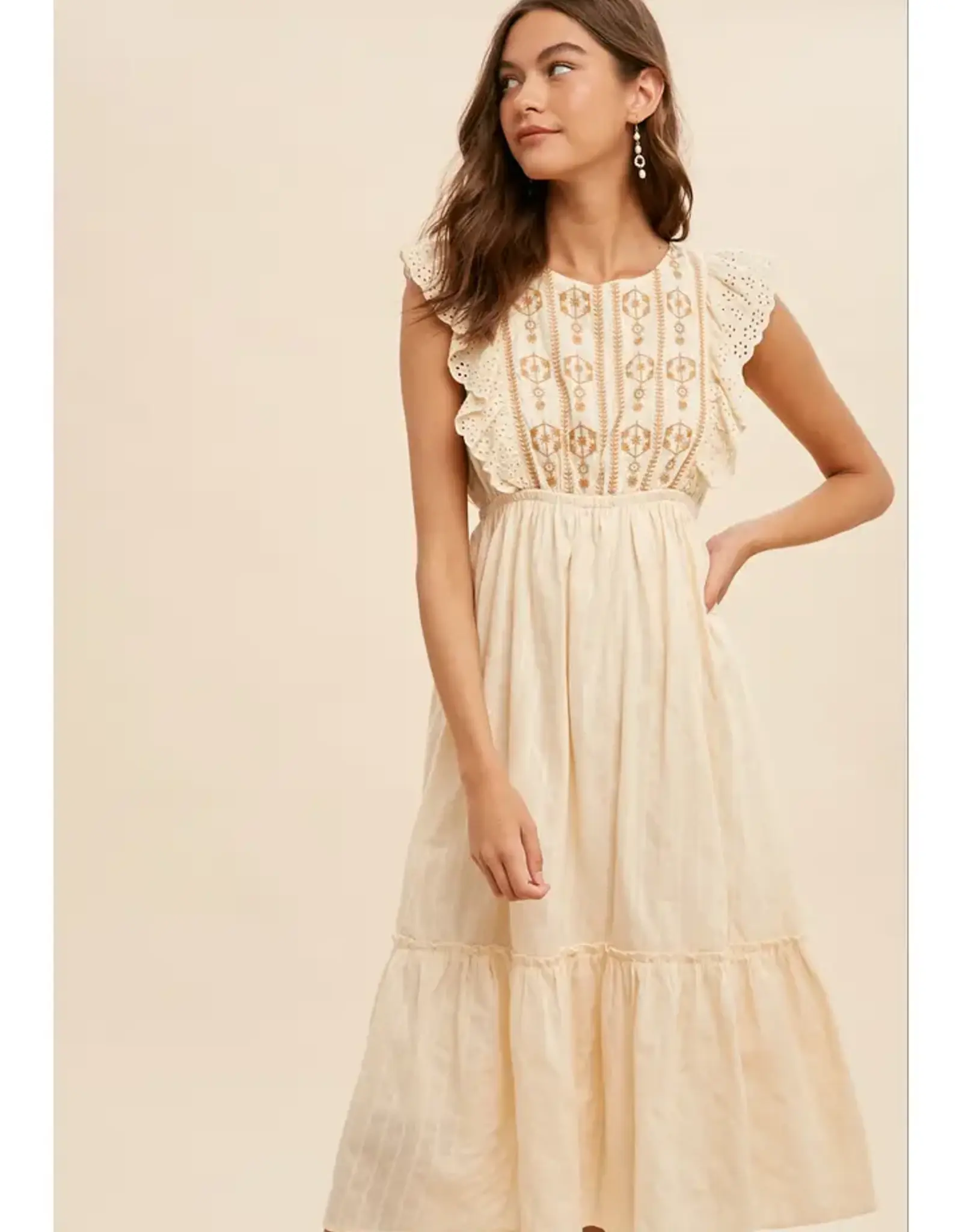 In Loom Flutter Sleeve Embroidered Mini Dress