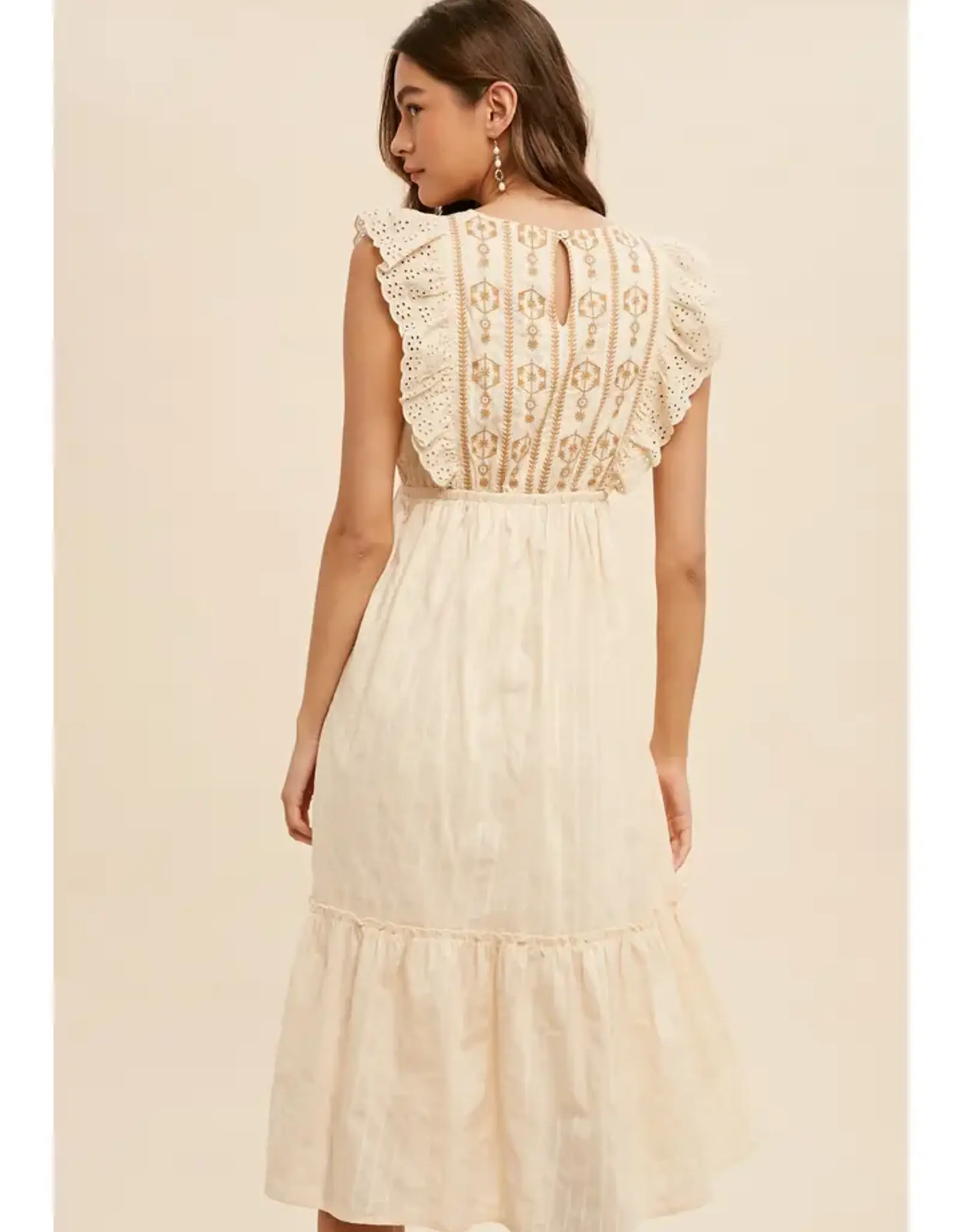 In Loom Flutter Sleeve Embroidered Mini Dress