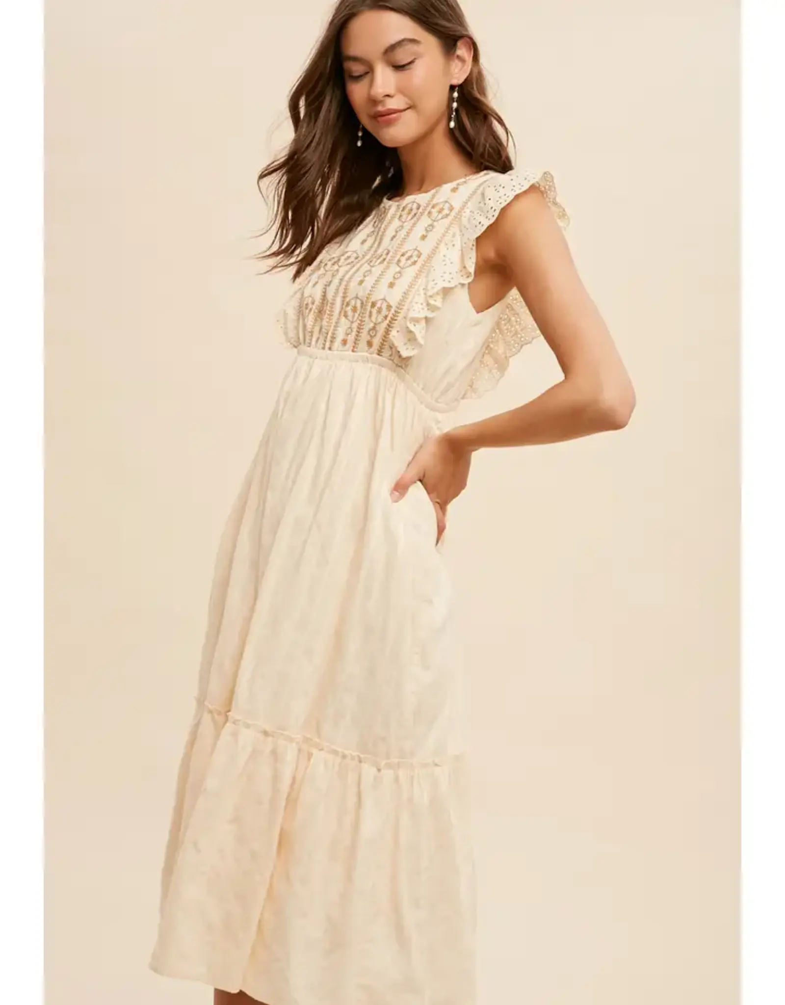 In Loom Flutter Sleeve Embroidered Mini Dress