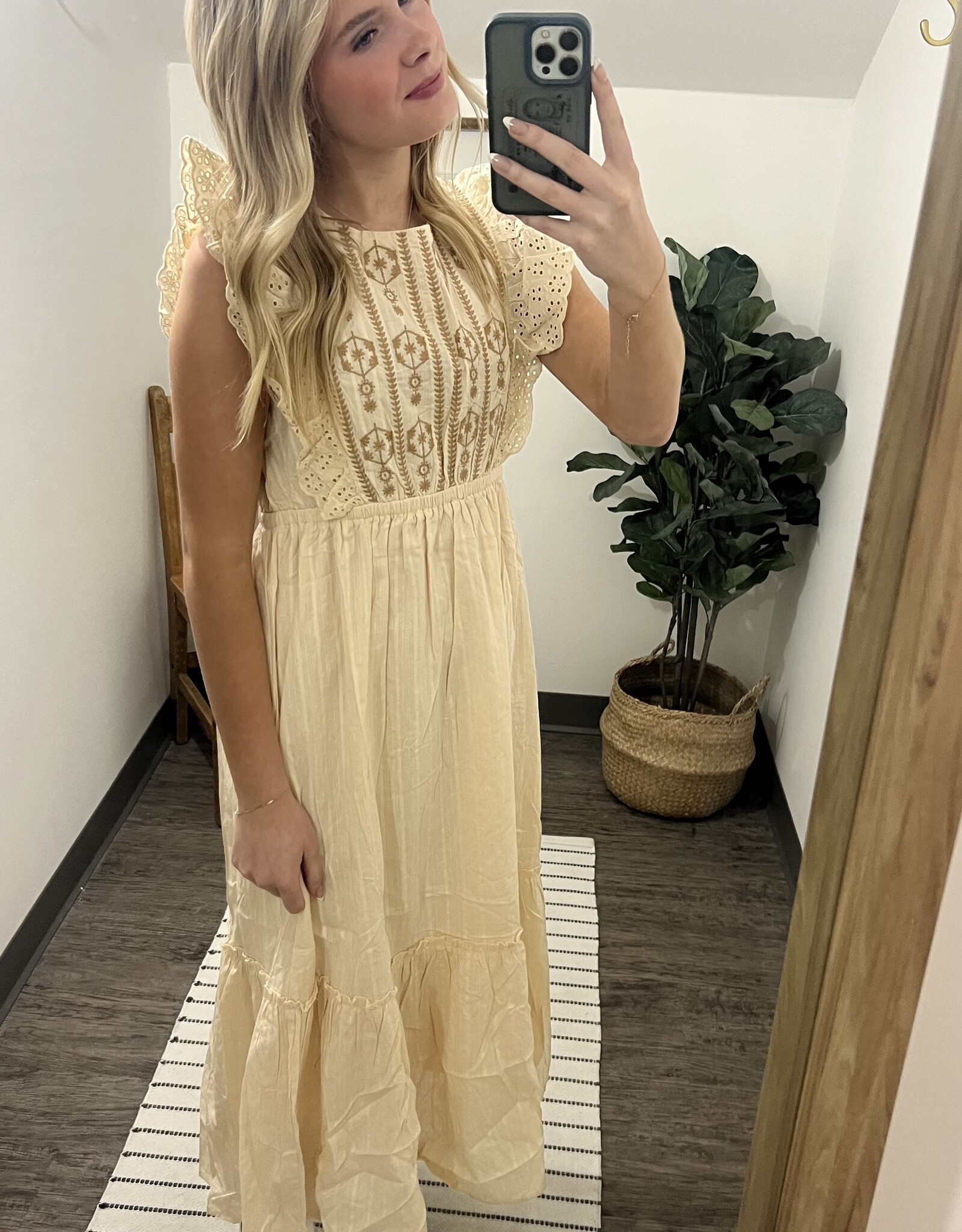 In Loom Flutter Sleeve Embroidered Mini Dress