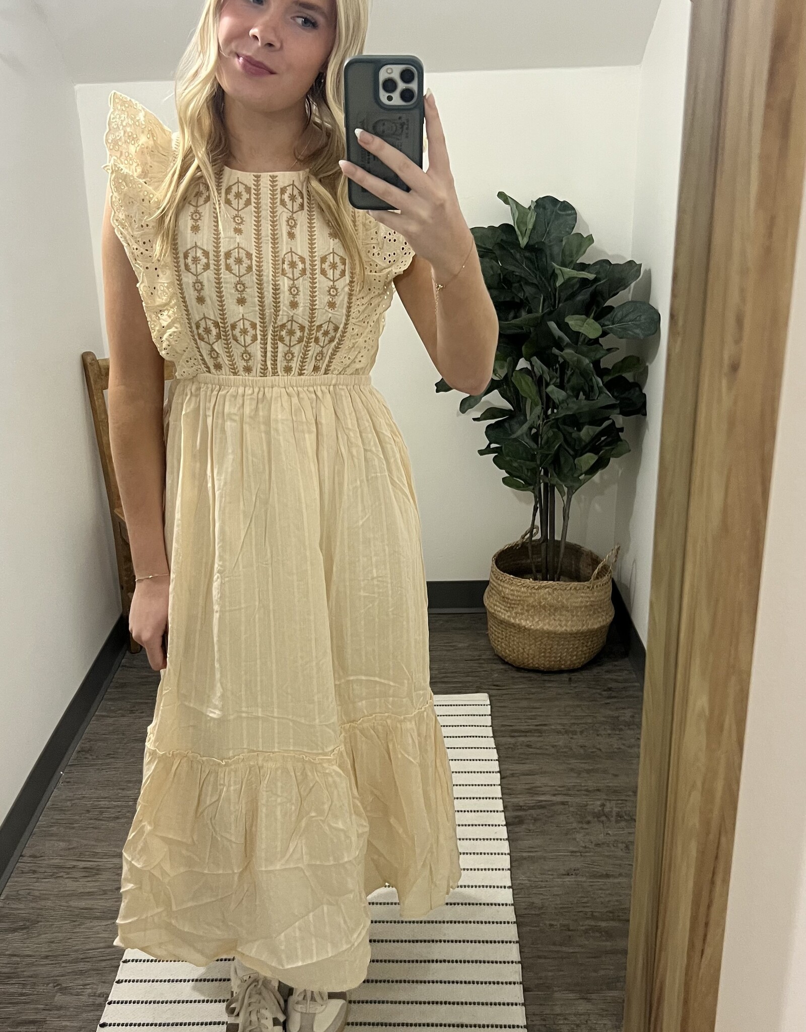 In Loom Flutter Sleeve Embroidered Mini Dress