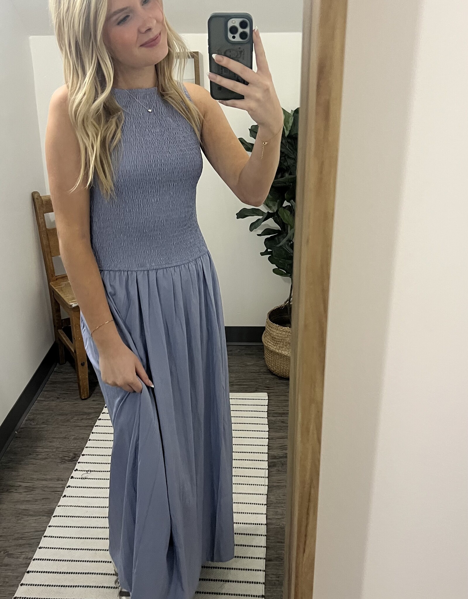 Smocked Boatneck Midi Dress