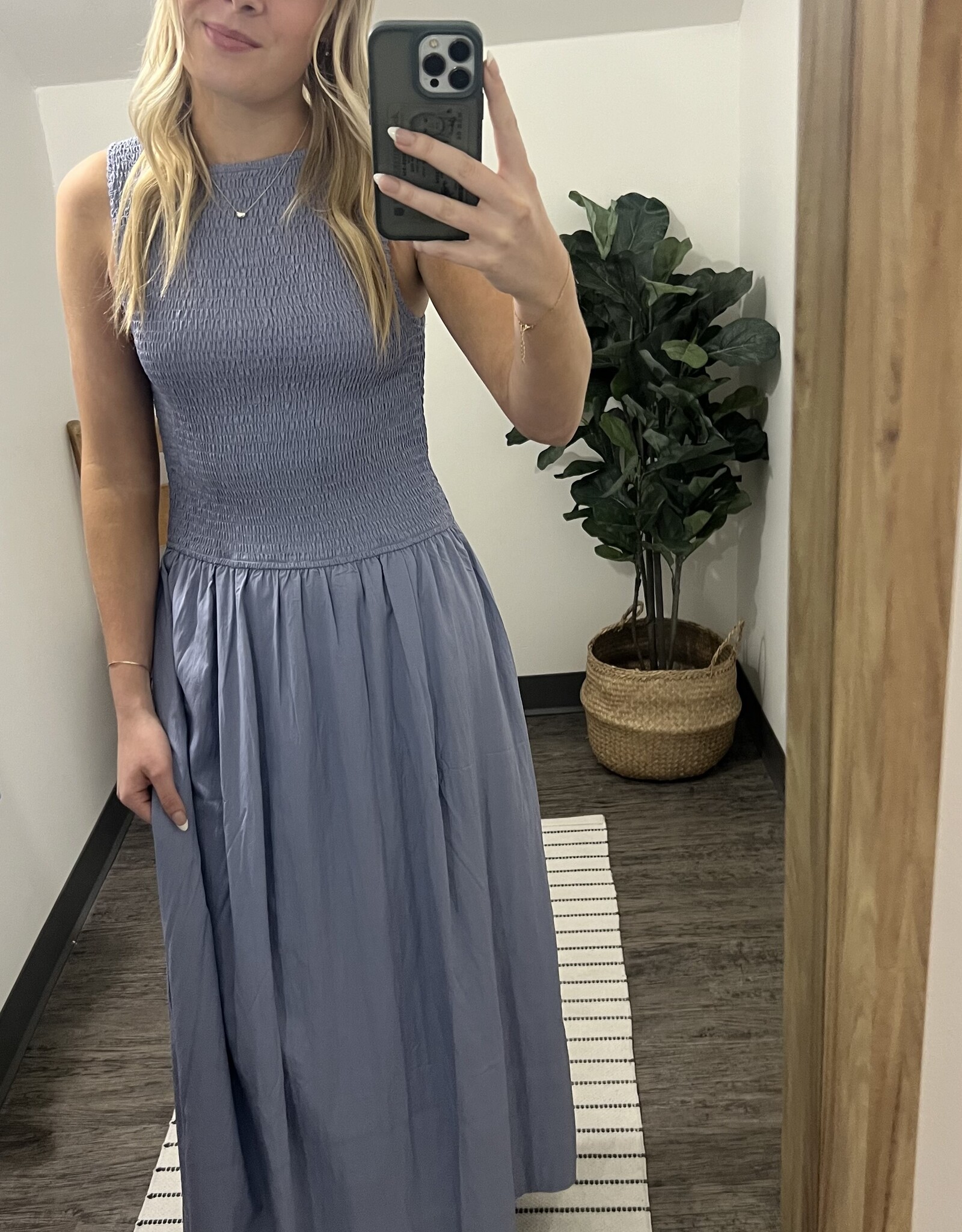 Smocked Boatneck Midi Dress