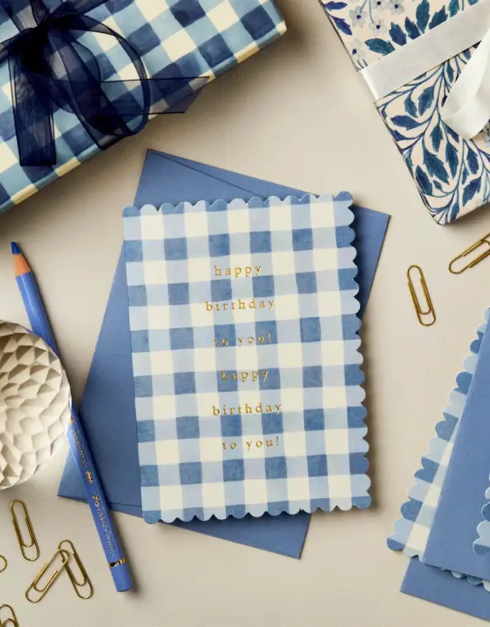 Wanderlust Paper Co Card, Mid Blue Gingham Happy Birthday