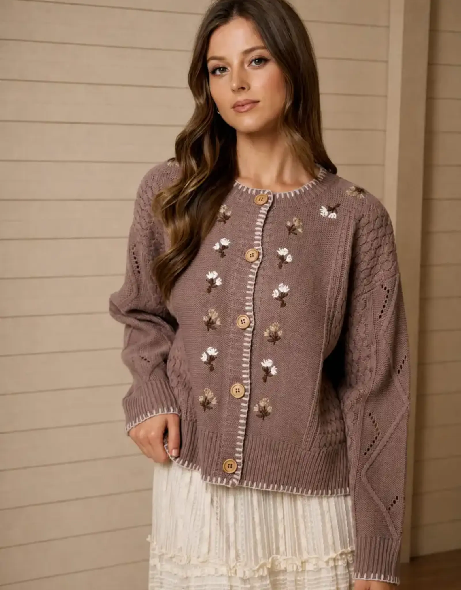 Blu Pepper Floral Embroidery Contrast Stitch Knit Cardigan