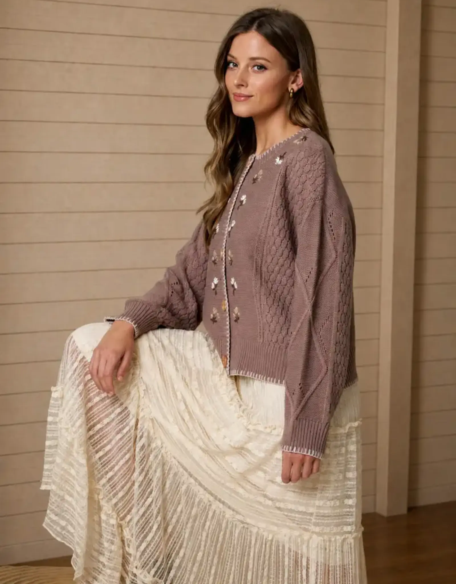 Blu Pepper Floral Embroidery Contrast Stitch Knit Cardigan
