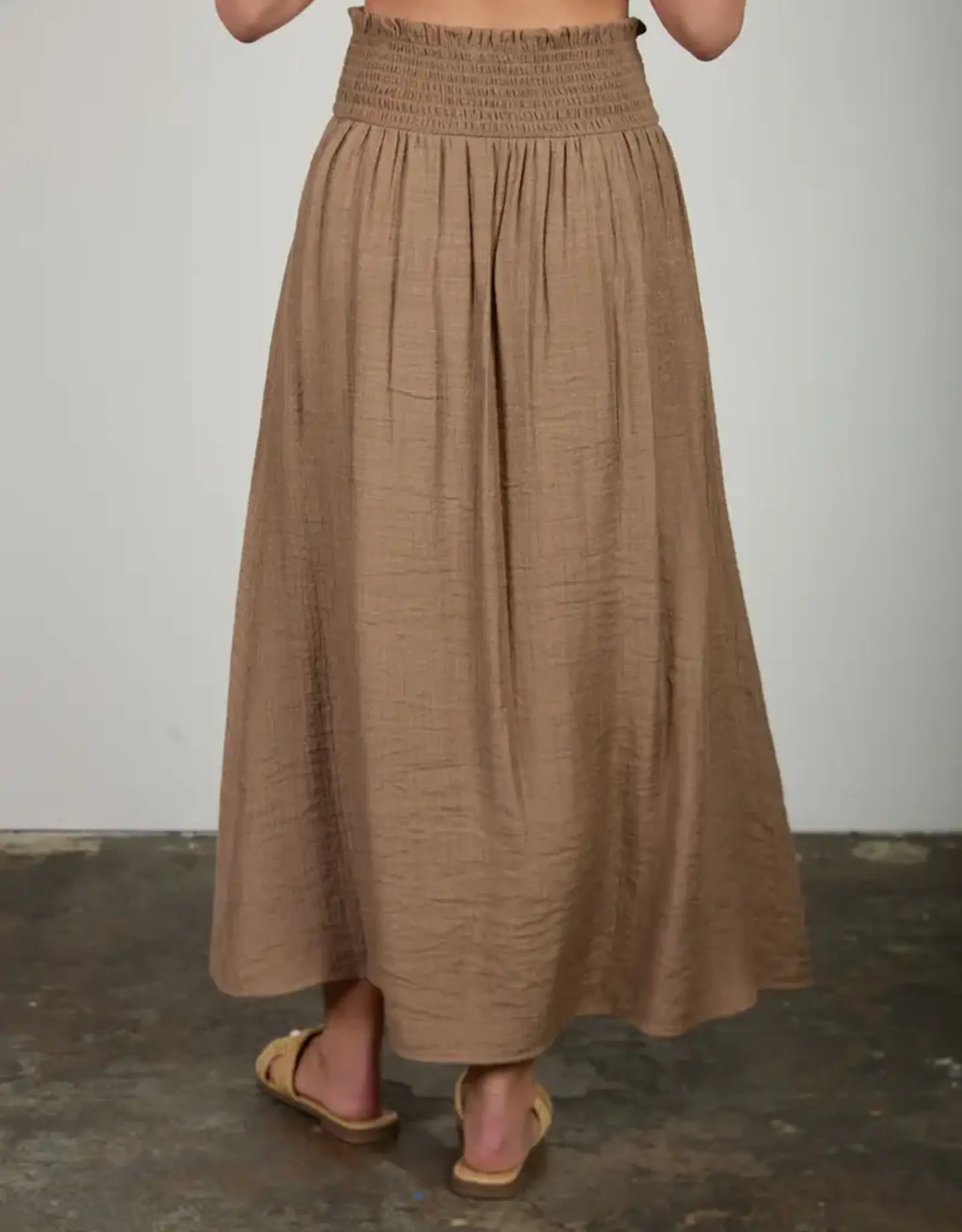 Blu Pepper Smocked Waist Ruffle Detail Button Down Midi Skirt