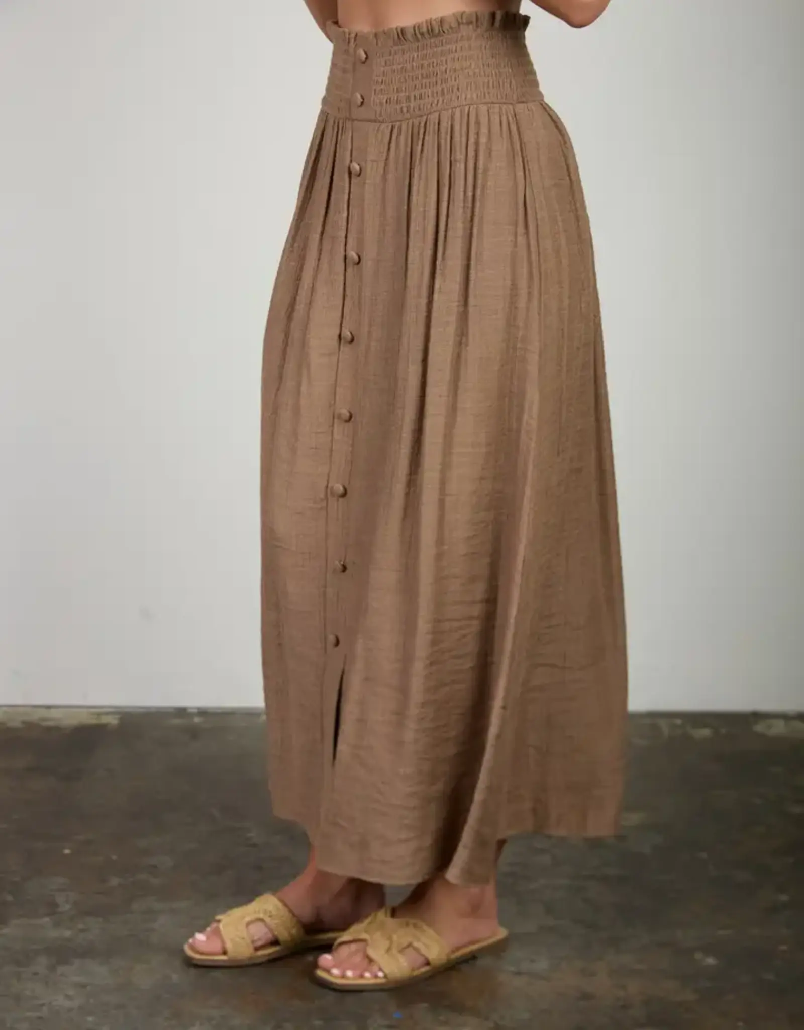 Blu Pepper Smocked Waist Ruffle Detail Button Down Midi Skirt