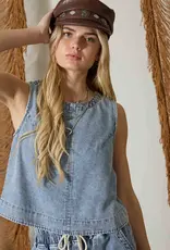 Blu Pepper Washed Denim Back Button Sleeveless Top