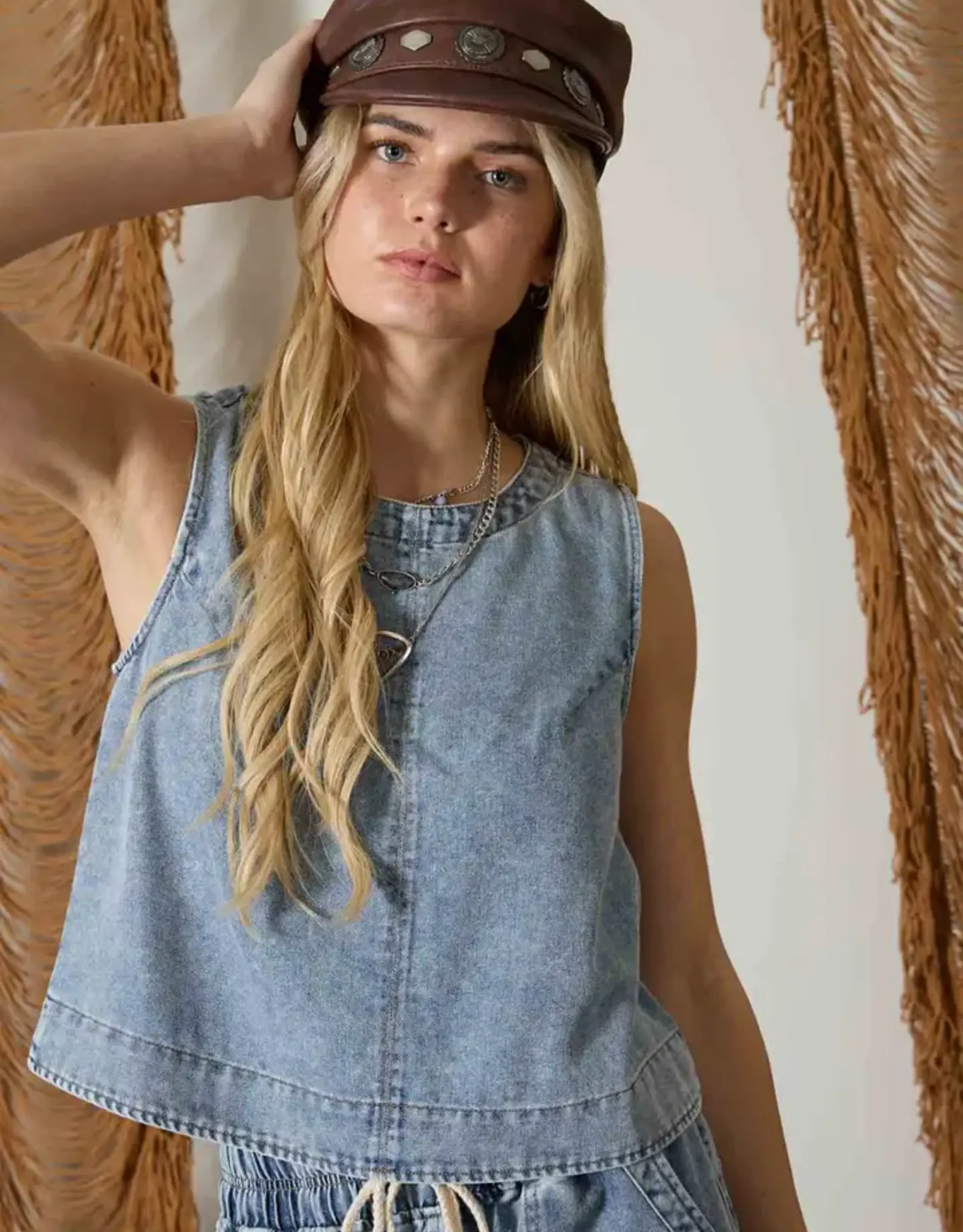 Blu Pepper Washed Denim Back Button Sleeveless Top