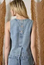 Blu Pepper Washed Denim Back Button Sleeveless Top