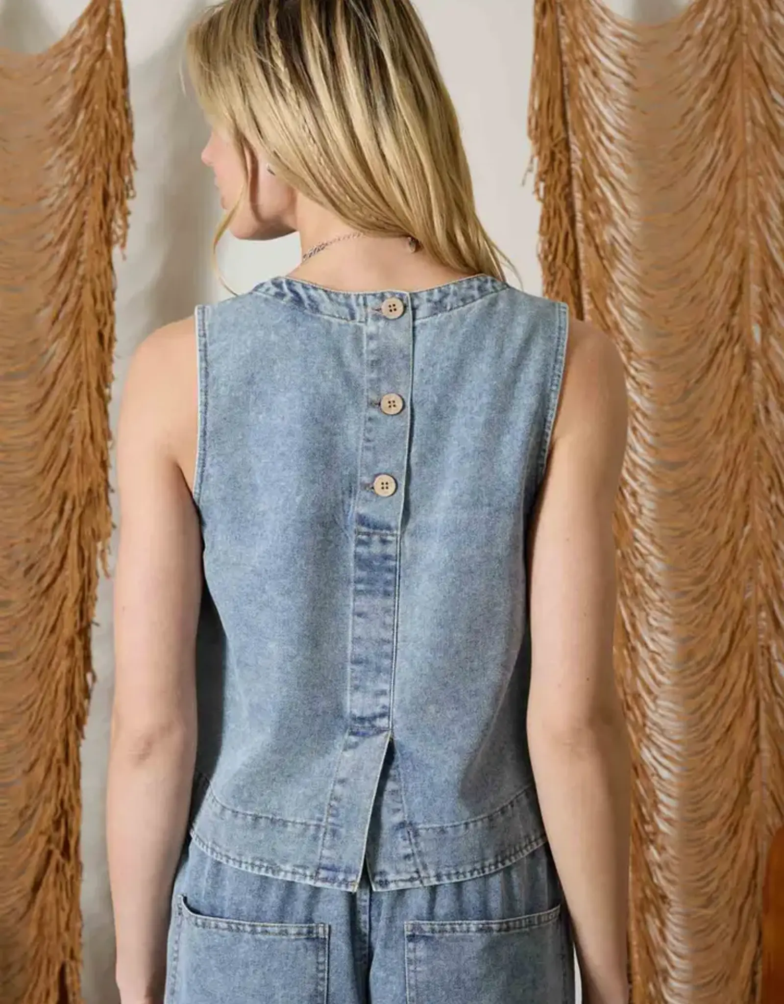 Blu Pepper Washed Denim Back Button Sleeveless Top