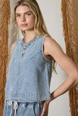 Blu Pepper Washed Denim Back Button Sleeveless Top