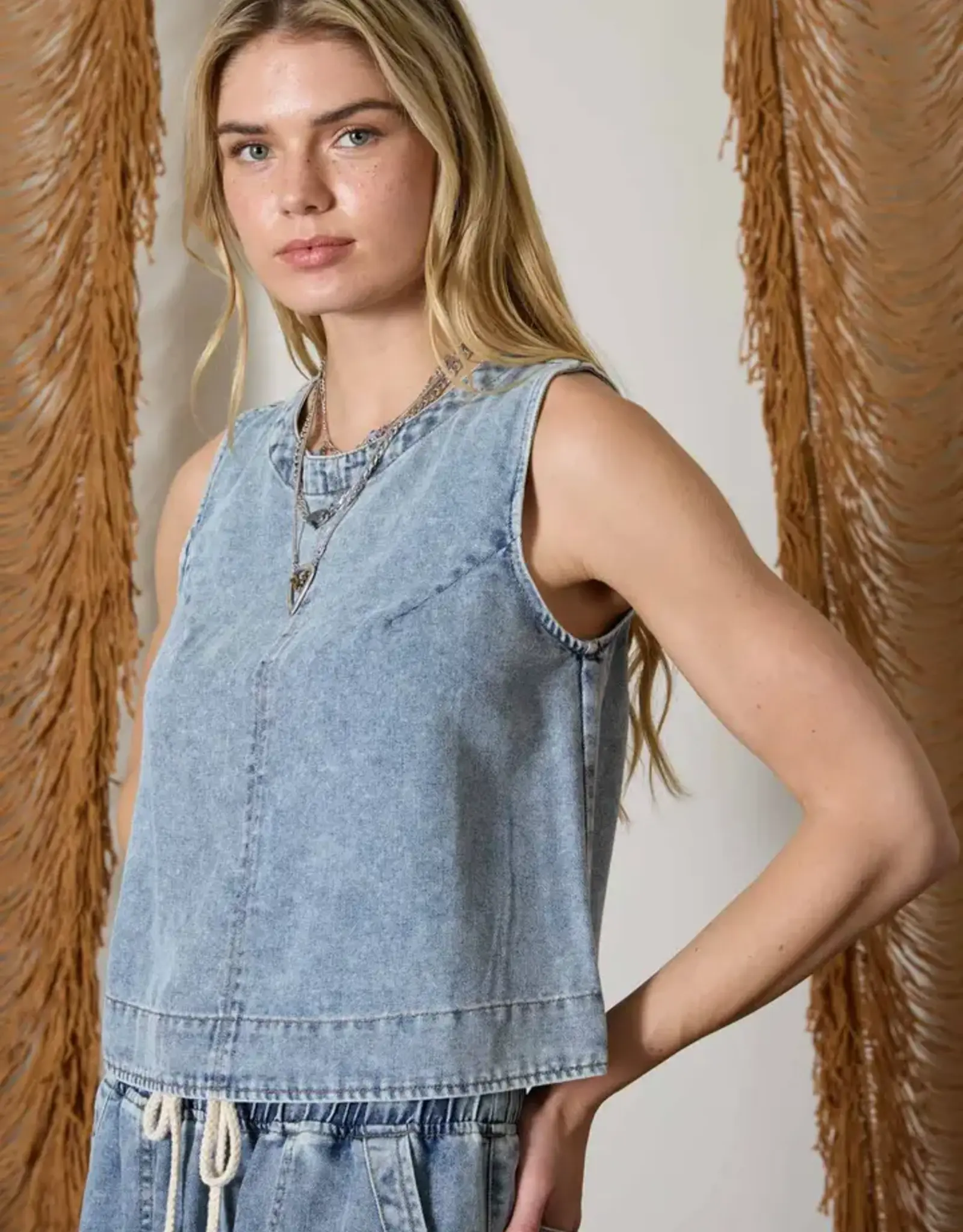 Blu Pepper Washed Denim Back Button Sleeveless Top