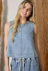 Blu Pepper Washed Denim Back Button Sleeveless Top