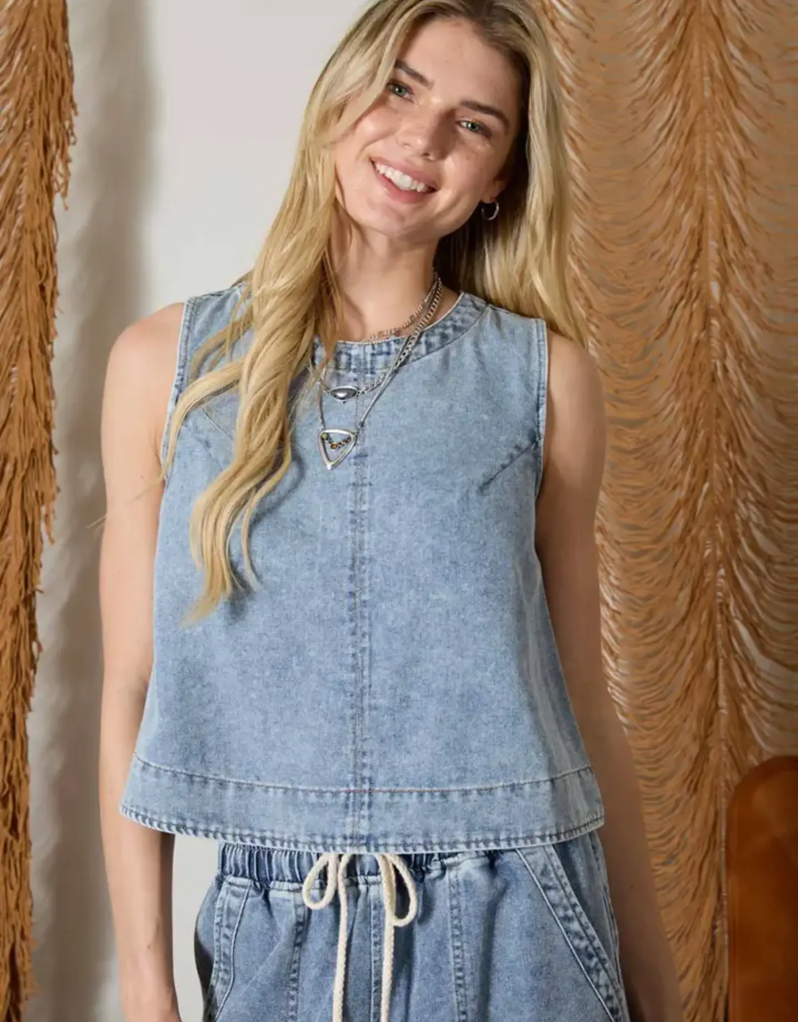Blu Pepper Washed Denim Back Button Sleeveless Top