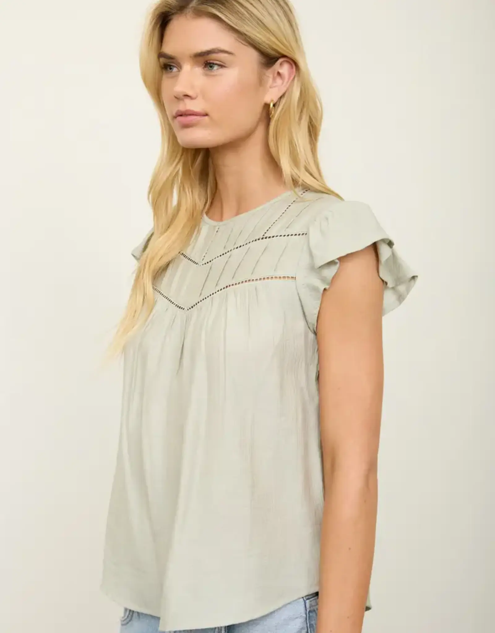 Blu Pepper Front Ladder Line Lace Detail Flounce Sleeve Top