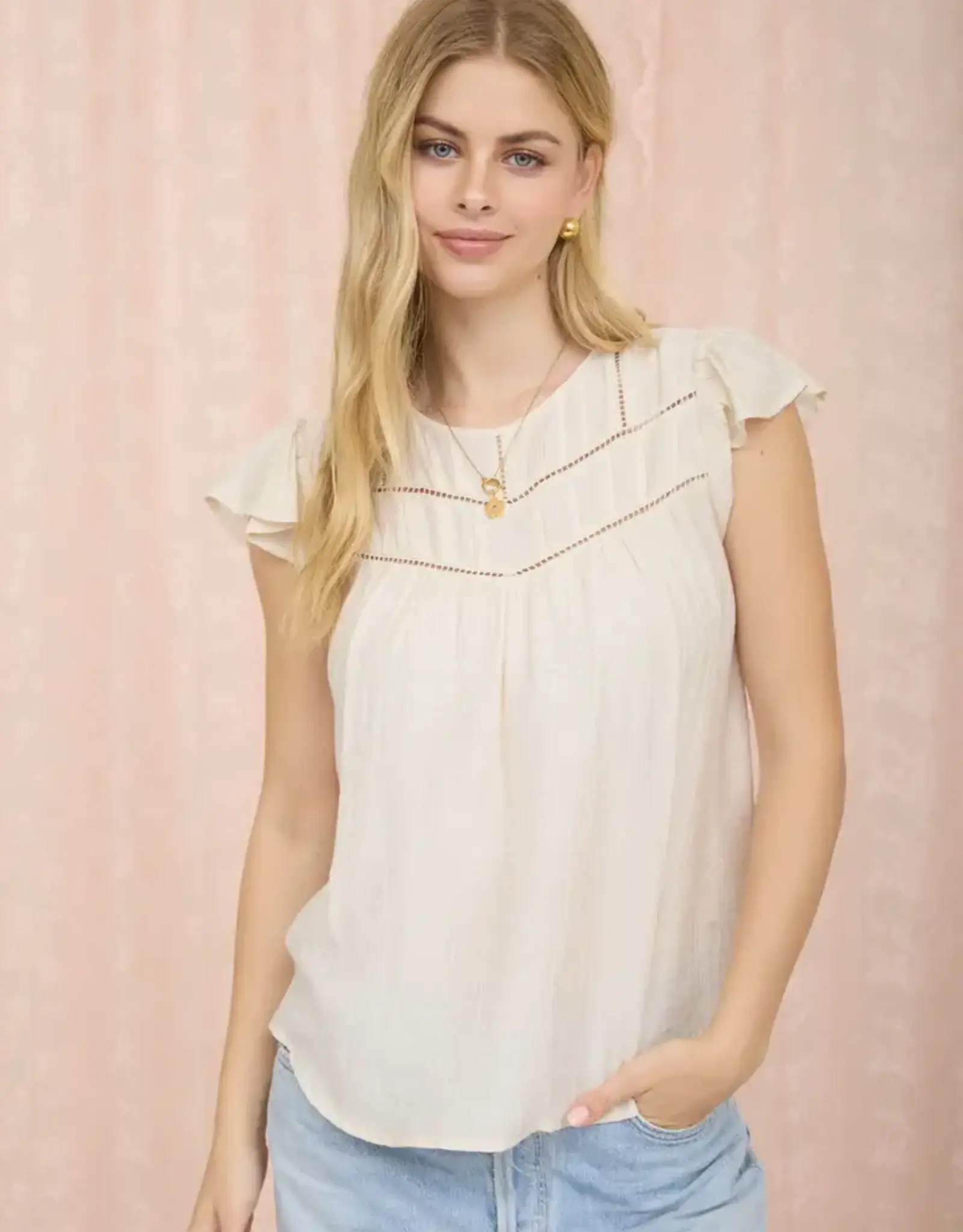Blu Pepper Front Ladder Line Lace Detail Flounce Sleeve Top