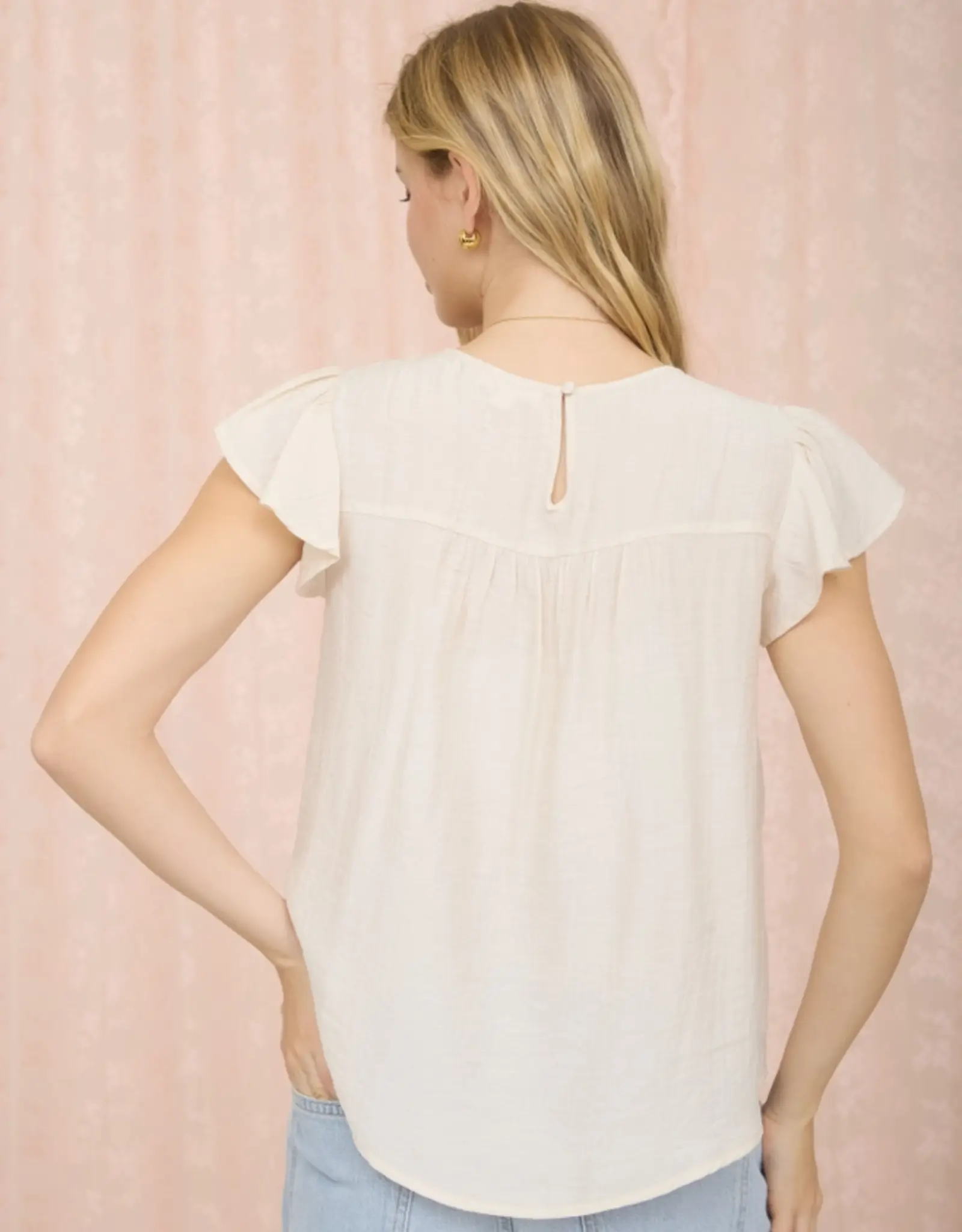 Blu Pepper Front Ladder Line Lace Detail Flounce Sleeve Top