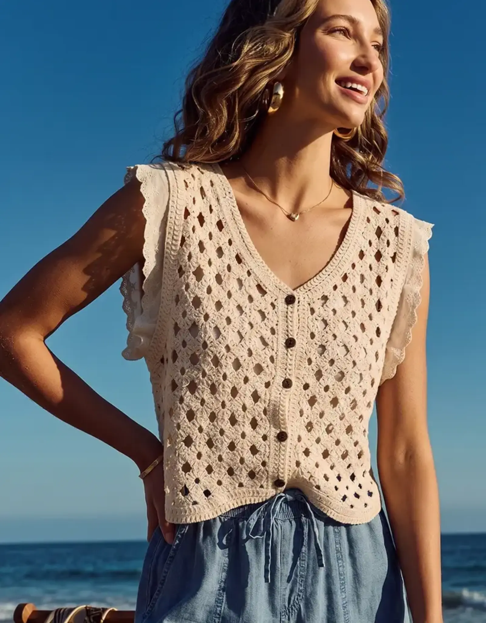 Sweet Lovely By Jen Open Knit Button Front Top