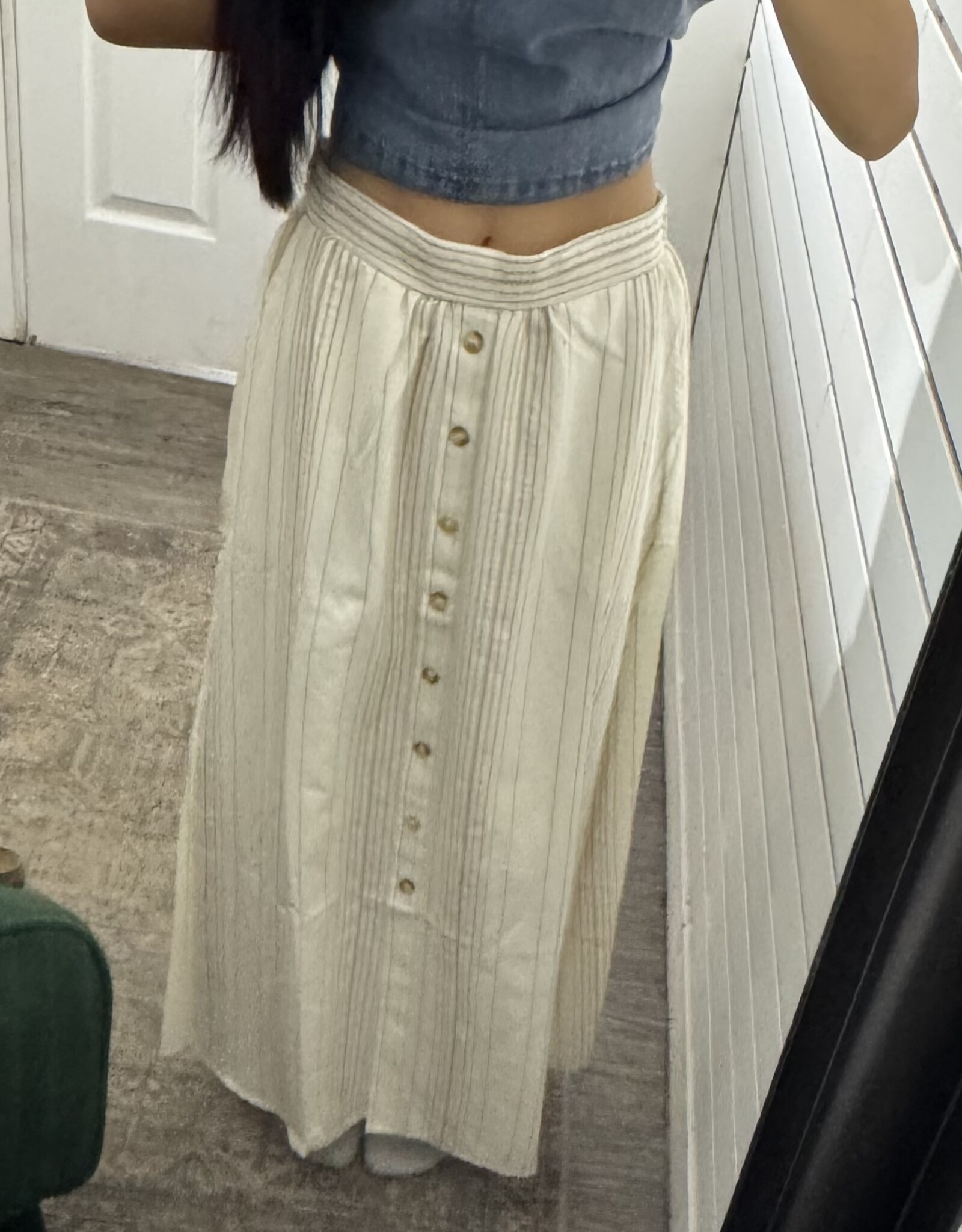 Blu Pepper Stripe Mock Button Down Midi Skirt