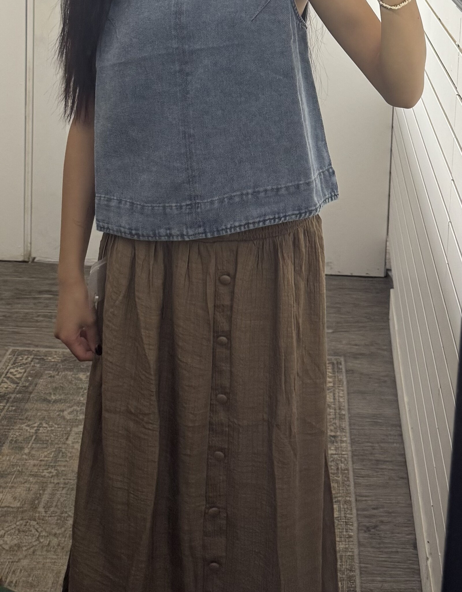 Blu Pepper Smocked Waist Ruffle Detail Button Down Midi Skirt